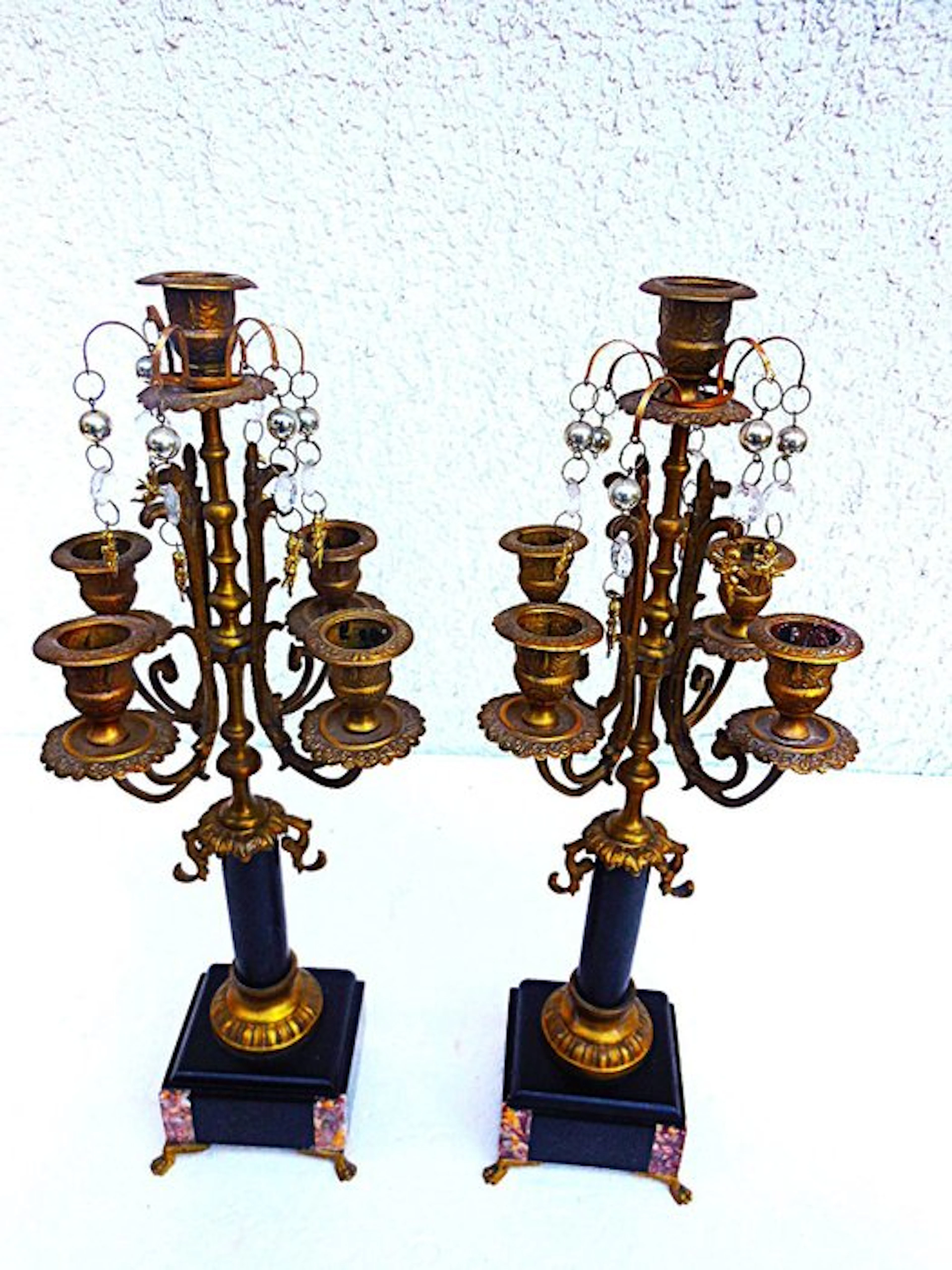 Art Deco - Chamberstick (2) - Brass, Bronze, Onyx - 45 cm tall, around 1900.
