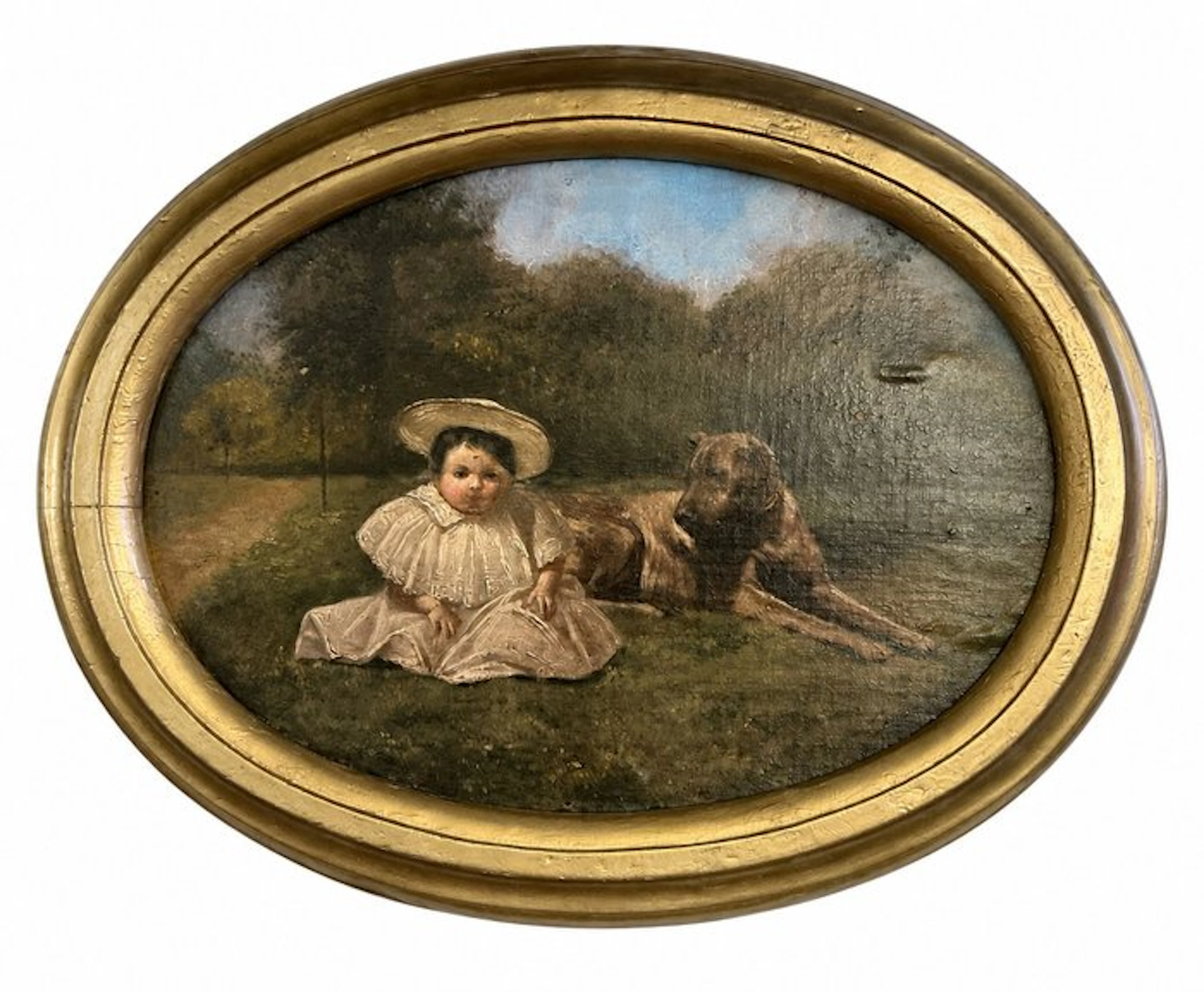 British school (XIX) - Bambina con cane e paesaggio