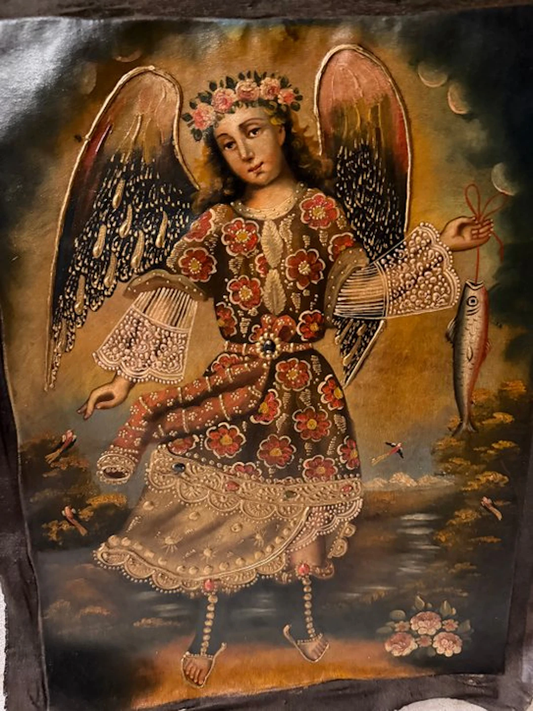 Cuzco School - Archangel Raphael fishing - 31 x 41 cm
