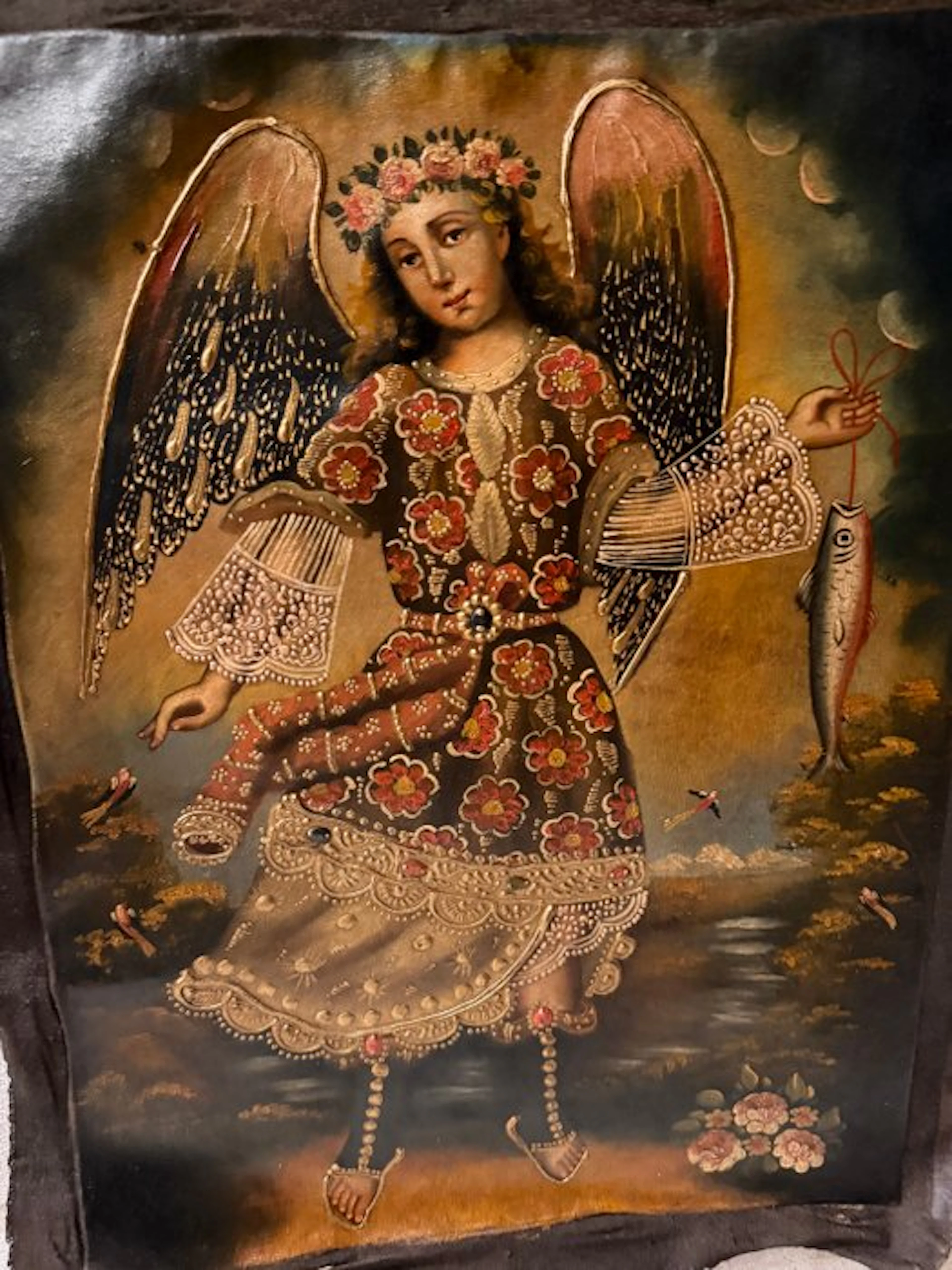 Cuzco School - Archangel Raphael fishing - 31 x 41 cm