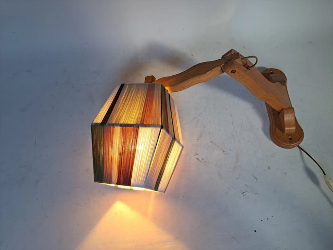 Swing arm wall light - articulated arm - wire, Oak - hand-woven wire cap