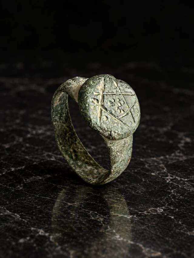 Medieval Bronze Ring with Incised Geometric Decoration...