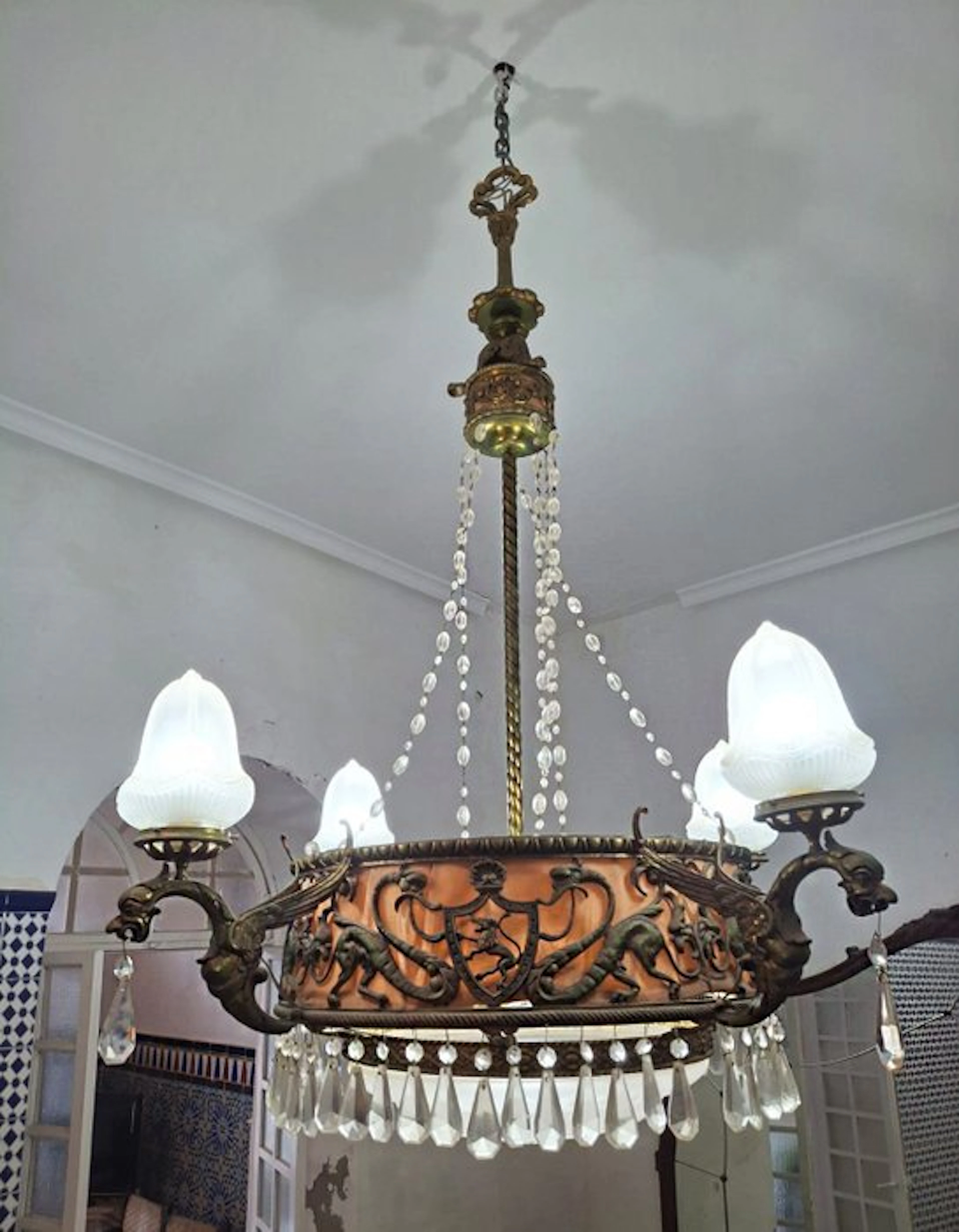 Ceiling lamp - Brass, Glass, Crystal, Silk, Bronze - Monumental 1890-1914