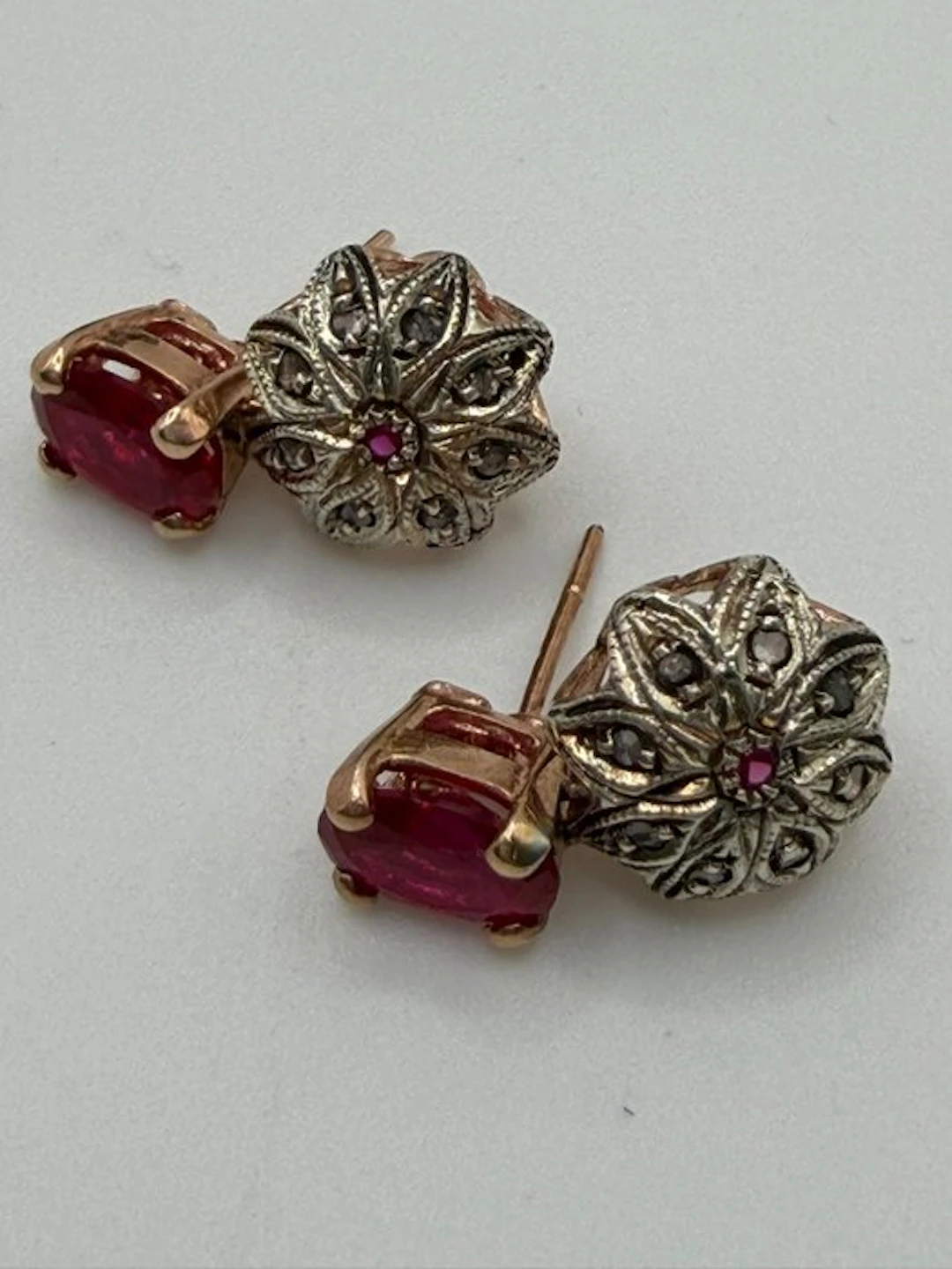 No reserve price - Earrings - 9 kt. Silver, Rose gold Ruby - Diamond