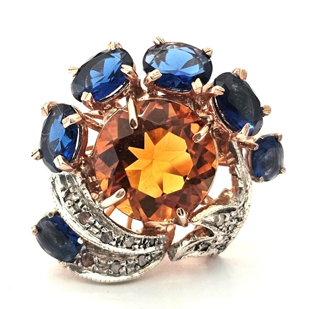 No reserve price - Ring - 9 kt. Rose gold, Silver Diamond (Natural) - Spinel