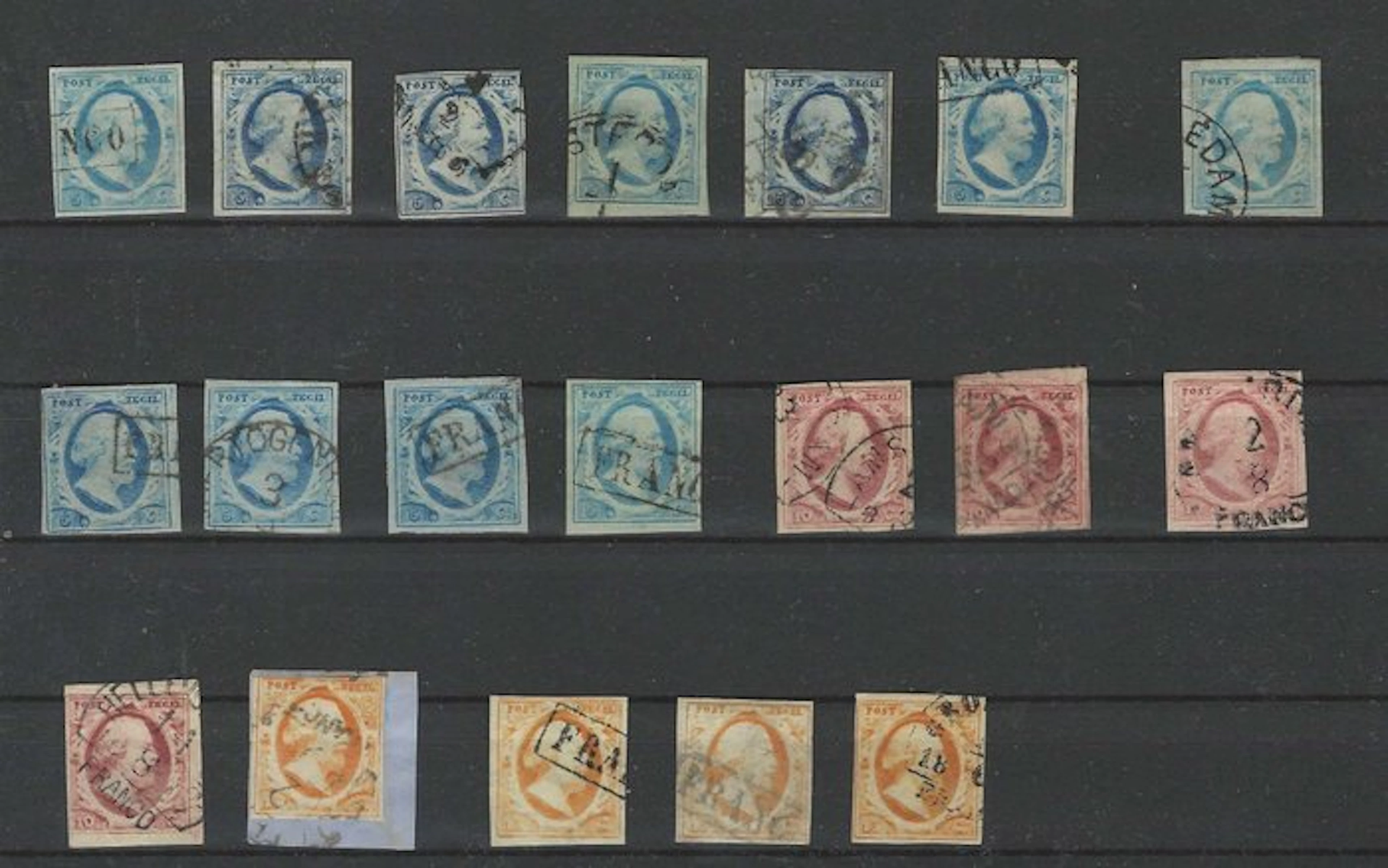 Netherlands 1852 - King William III - stamps from different plates. - NVPH 1/3