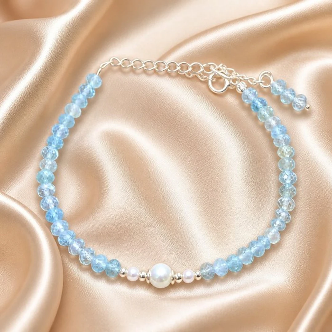 Pearl - Silver - Bracelet - Akoya pearl, aquamarine