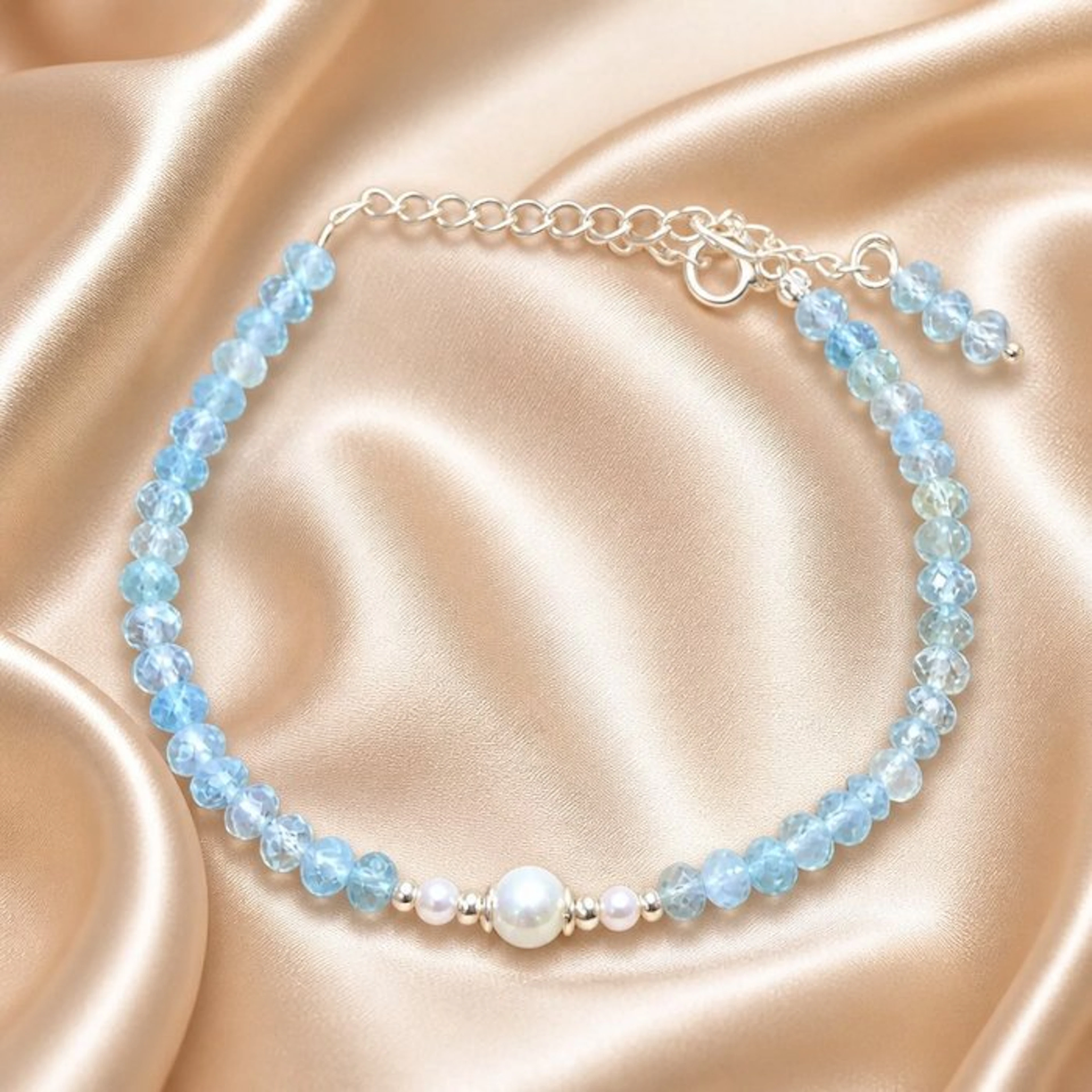 Pearl - Silver - Bracelet - Akoya pearl, aquamarine