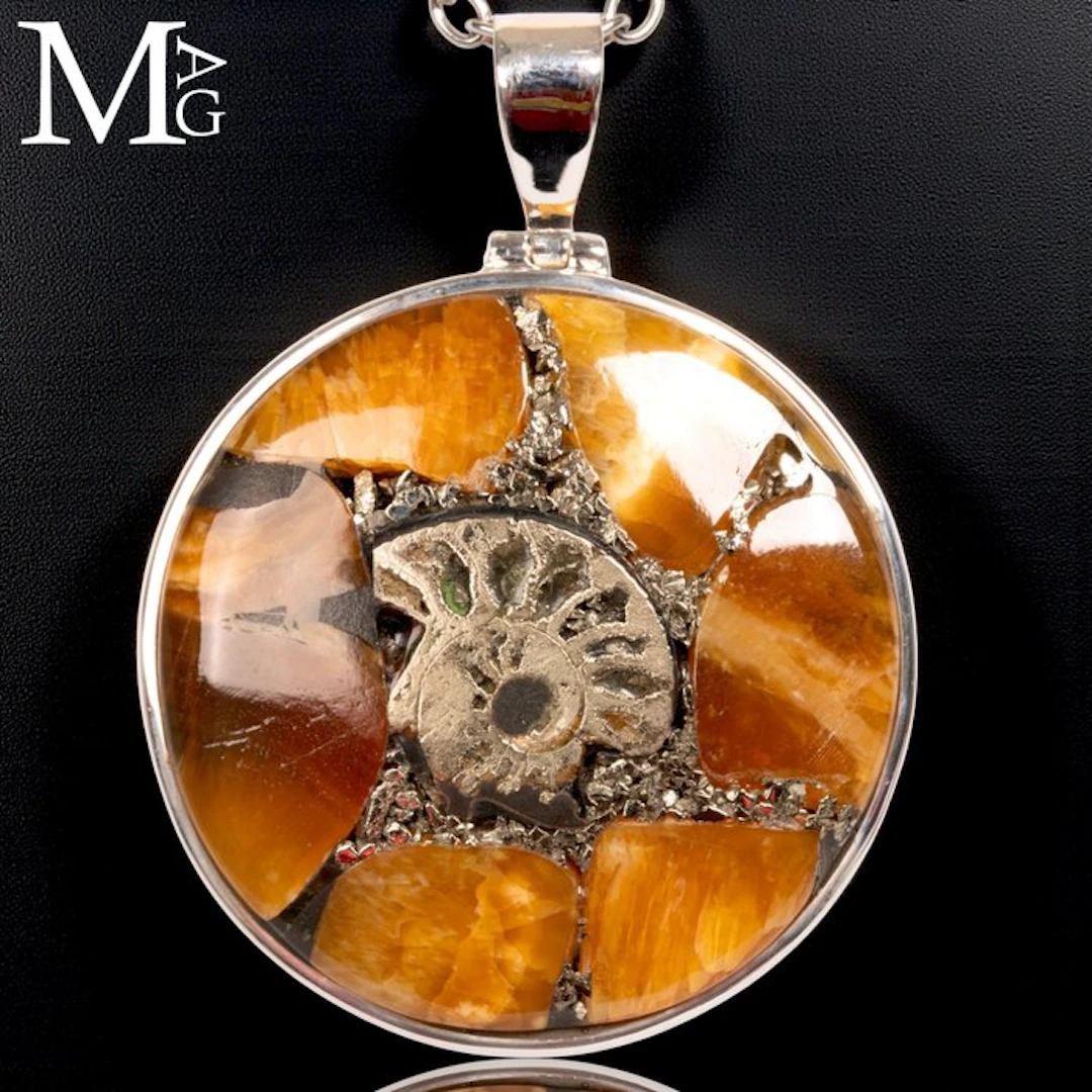 Pyritized Ammonite Fossil Pendant - Silver 925 Certified...