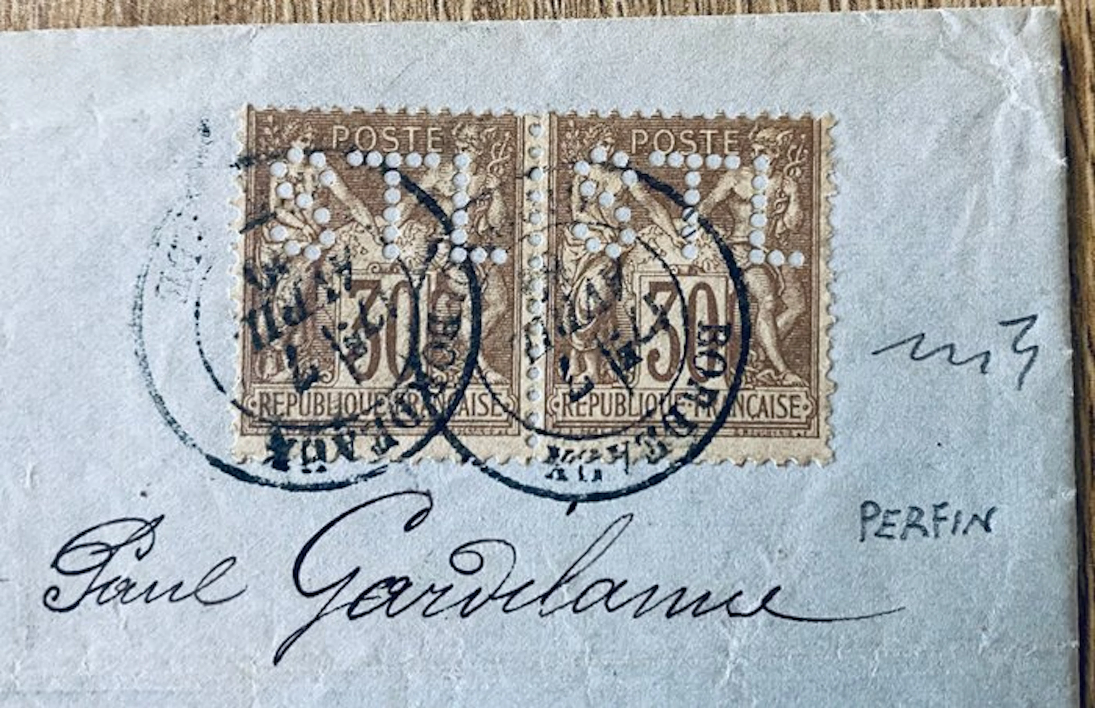 France 1880/1891 - France 30+30 cent perfins 1880 Bordeaux rare letter quality.