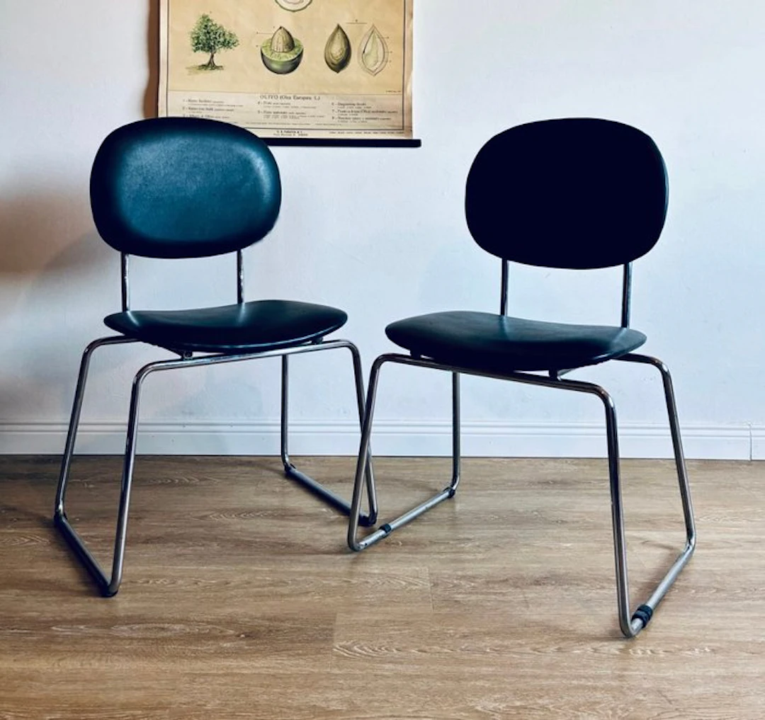 Chair - Chrome, Synthetic leather - Pair of vintage chairs