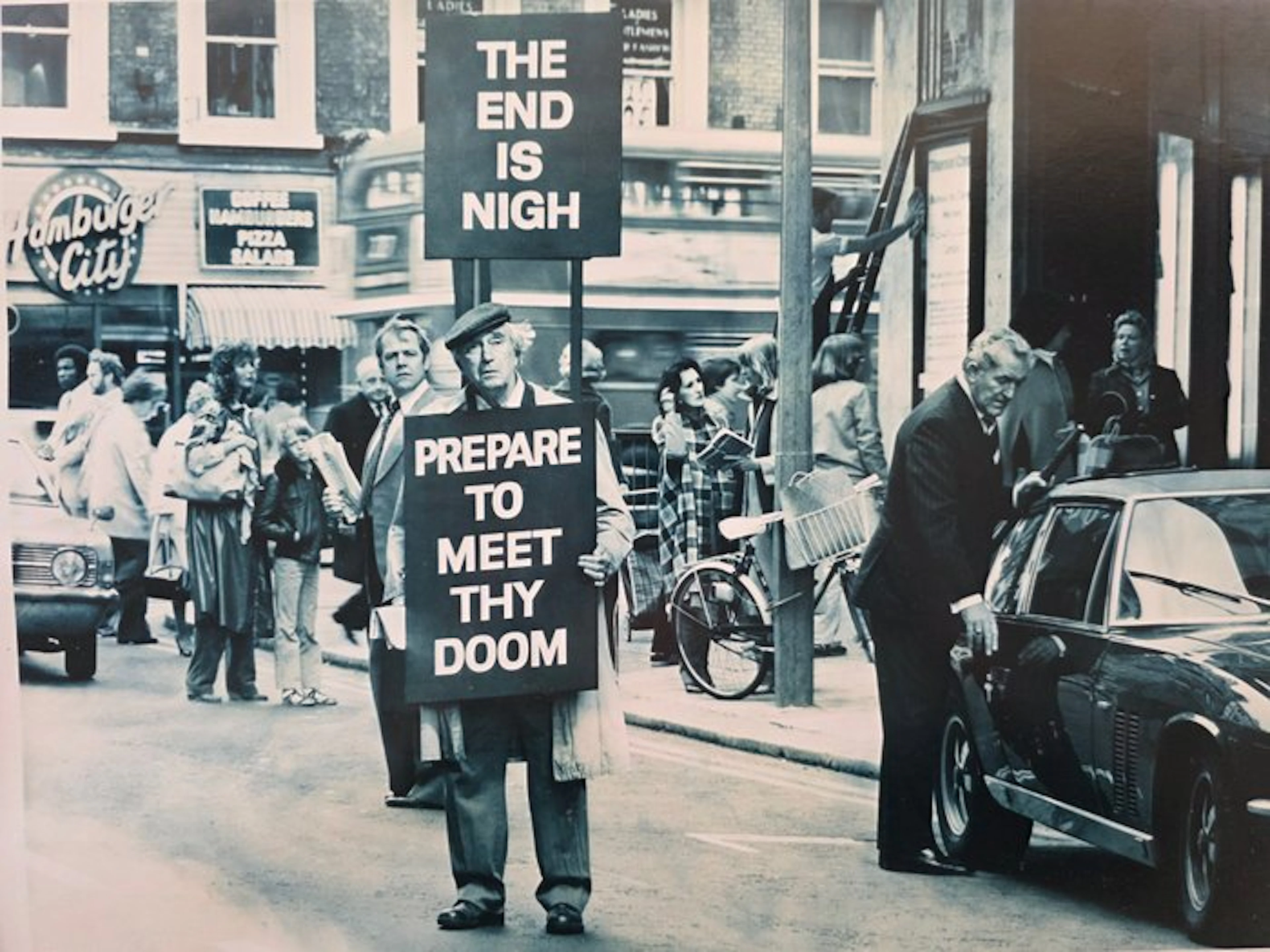 Michael Joseph (1941-) - Sandwich board man, Blue Tone Print