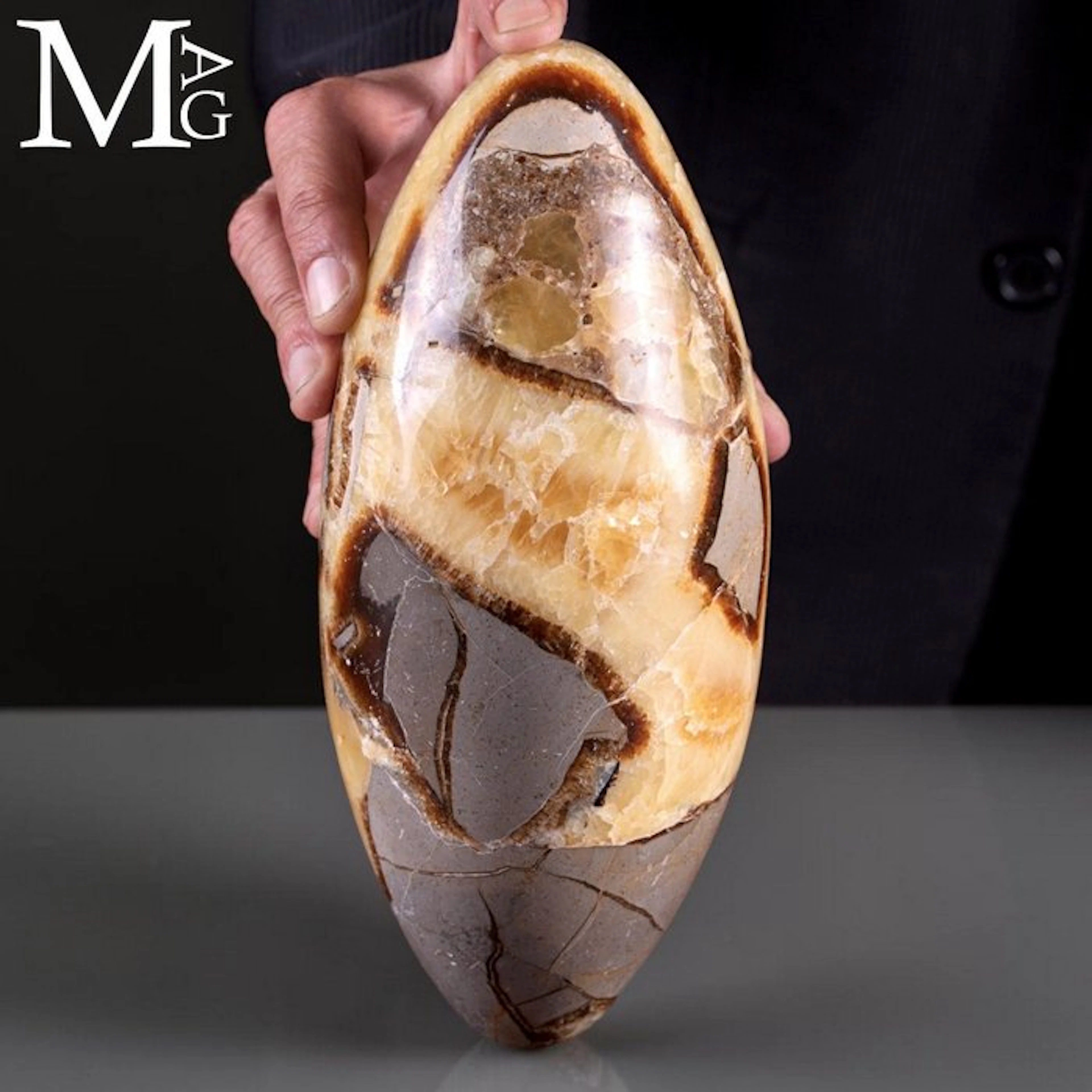 Carved Septarian Nodule - Golden Calcite Veins Polished...
