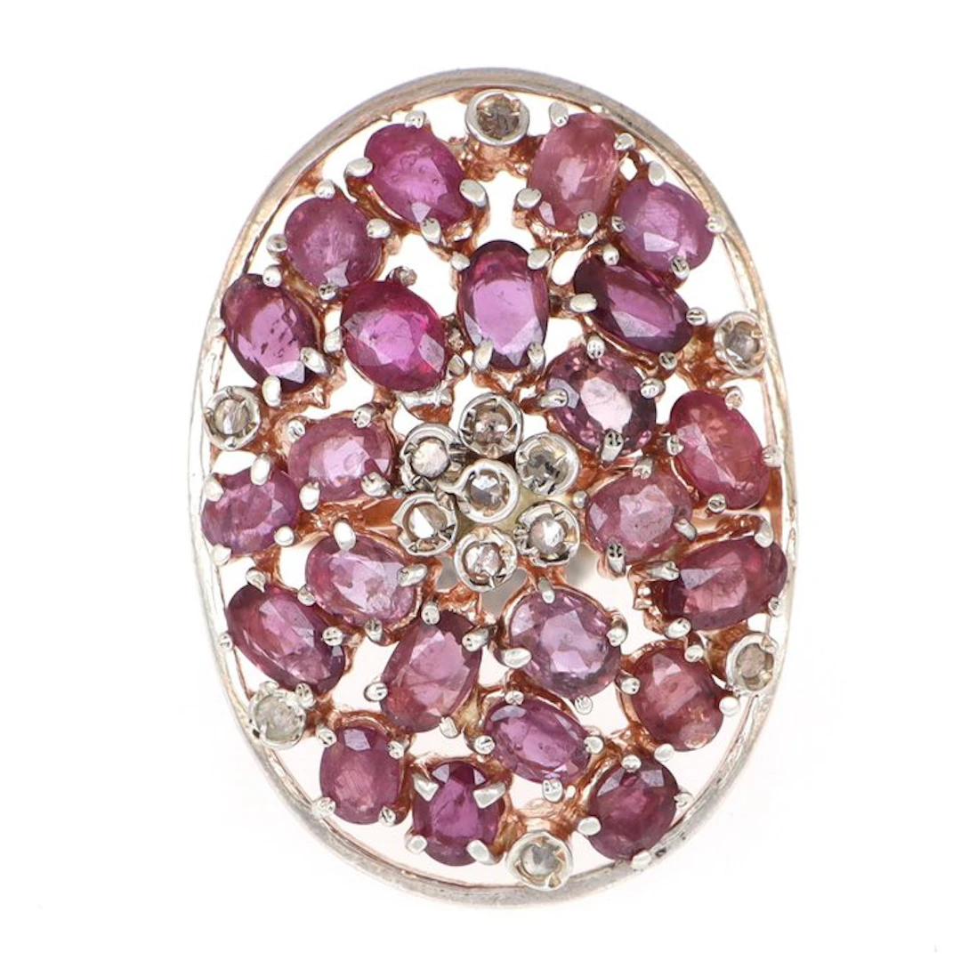 No reserve price - Ring - 12 kt. Rose gold, Silver Ruby - Diamond