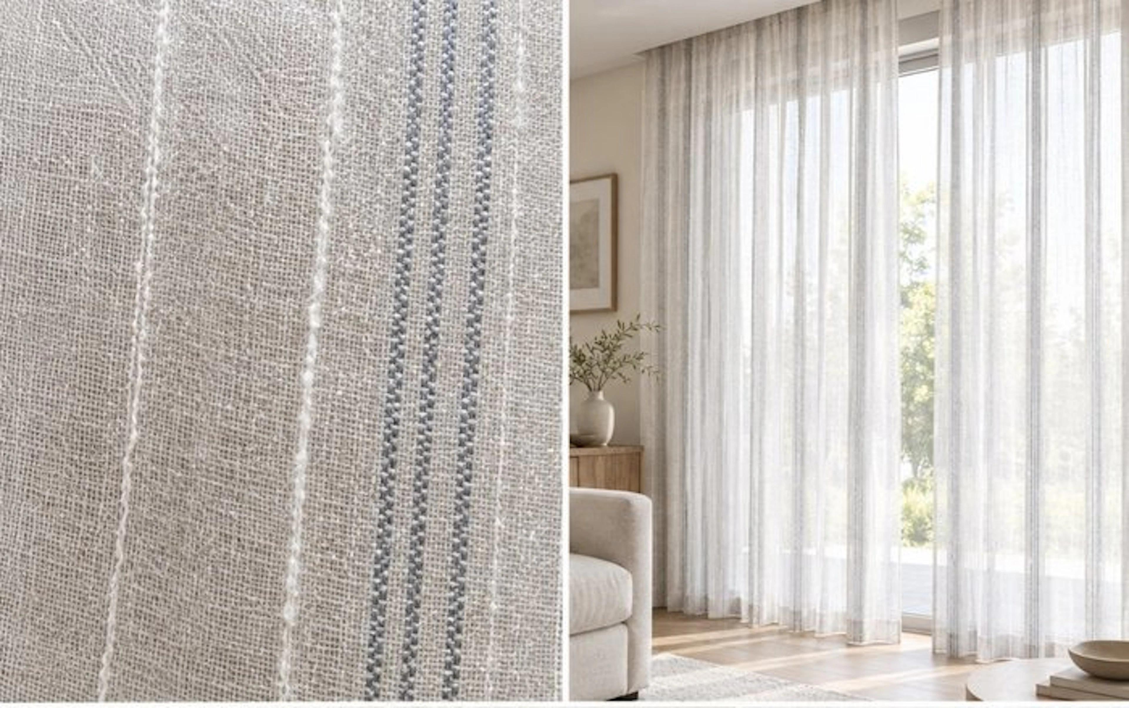 Elegant semi-transparent white fabric with stripes and silver details