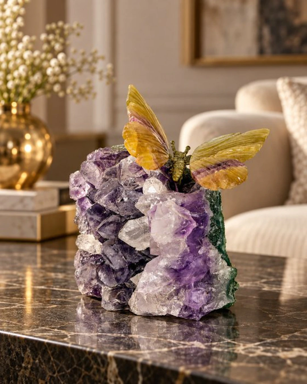 Hand-carved onyx butterfly on amethyst cluster — no...