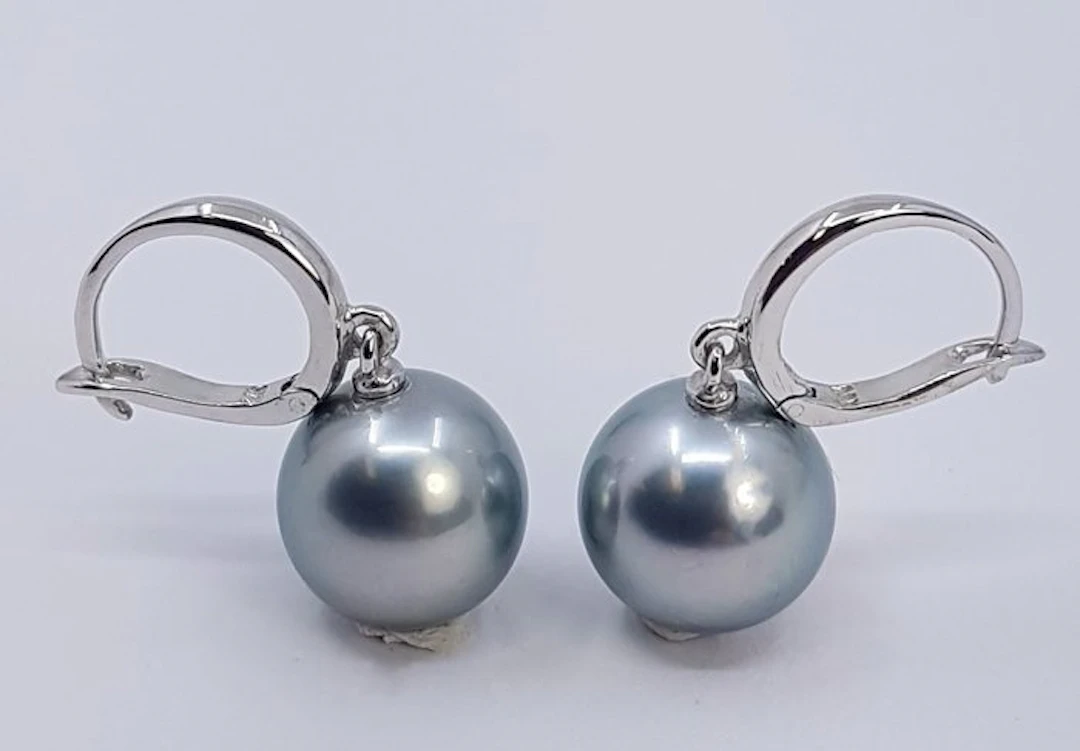 Earrings - 14 kt. White gold - 9x10mm Tahitian Pearls