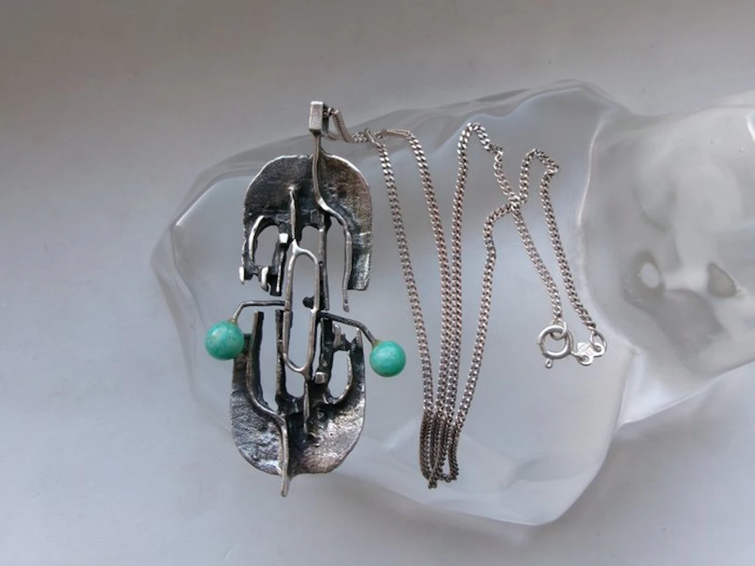Silver, Amazonite - Necklace with pendant - Art Deco/Bauhaus Style