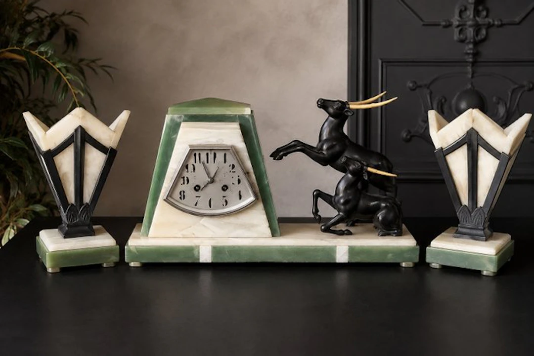 Console clock (3) - Art Deco Marble/ Onyx - 1930-1940