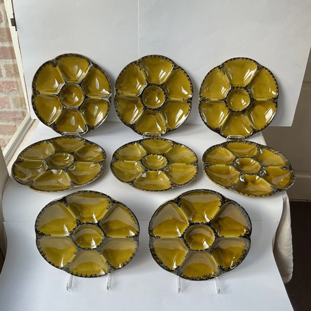 Gien - Oyster set (8) - Earthenware, Ceramic - 8 Oyster plates -Vintage