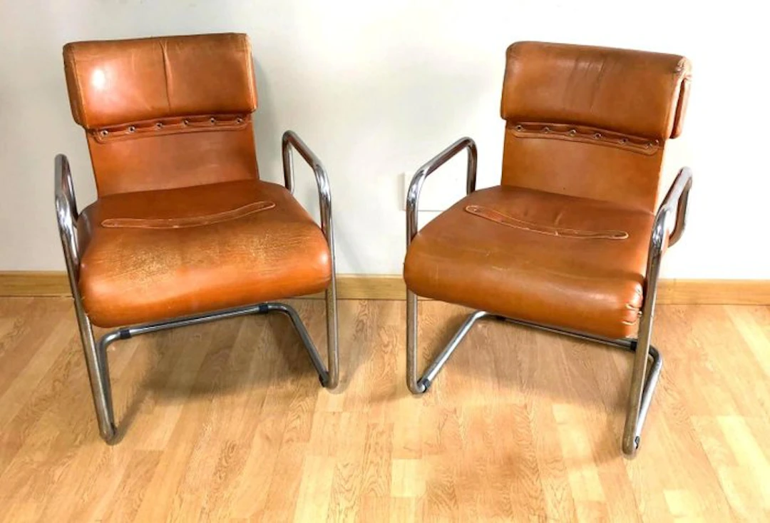 Armchair - Leather, Chrome, Steel - Pair of vintage leather and steel