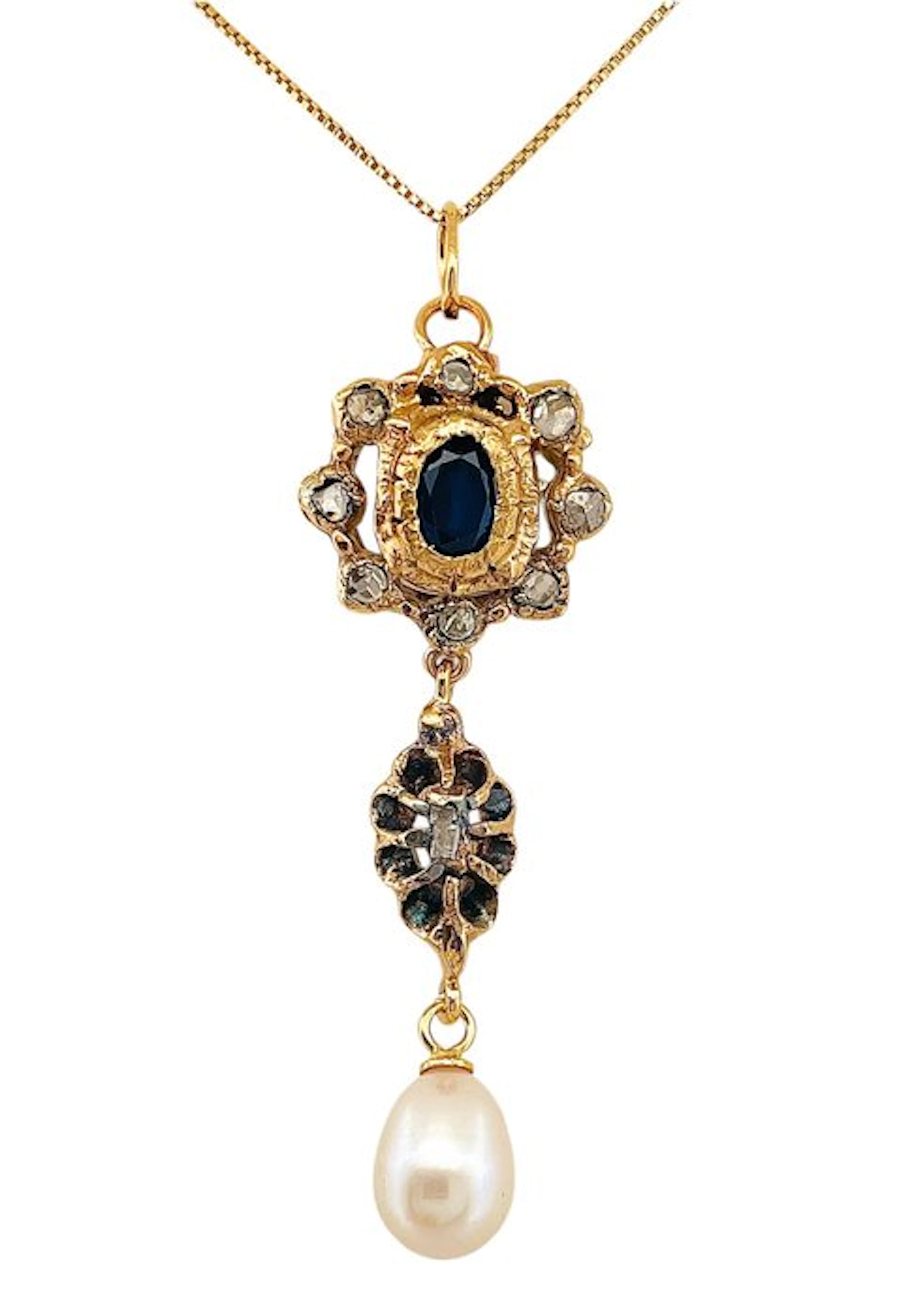 No reserve price - Necklace - 9 kt. Yellow gold, Silver Sapphire - Diamond