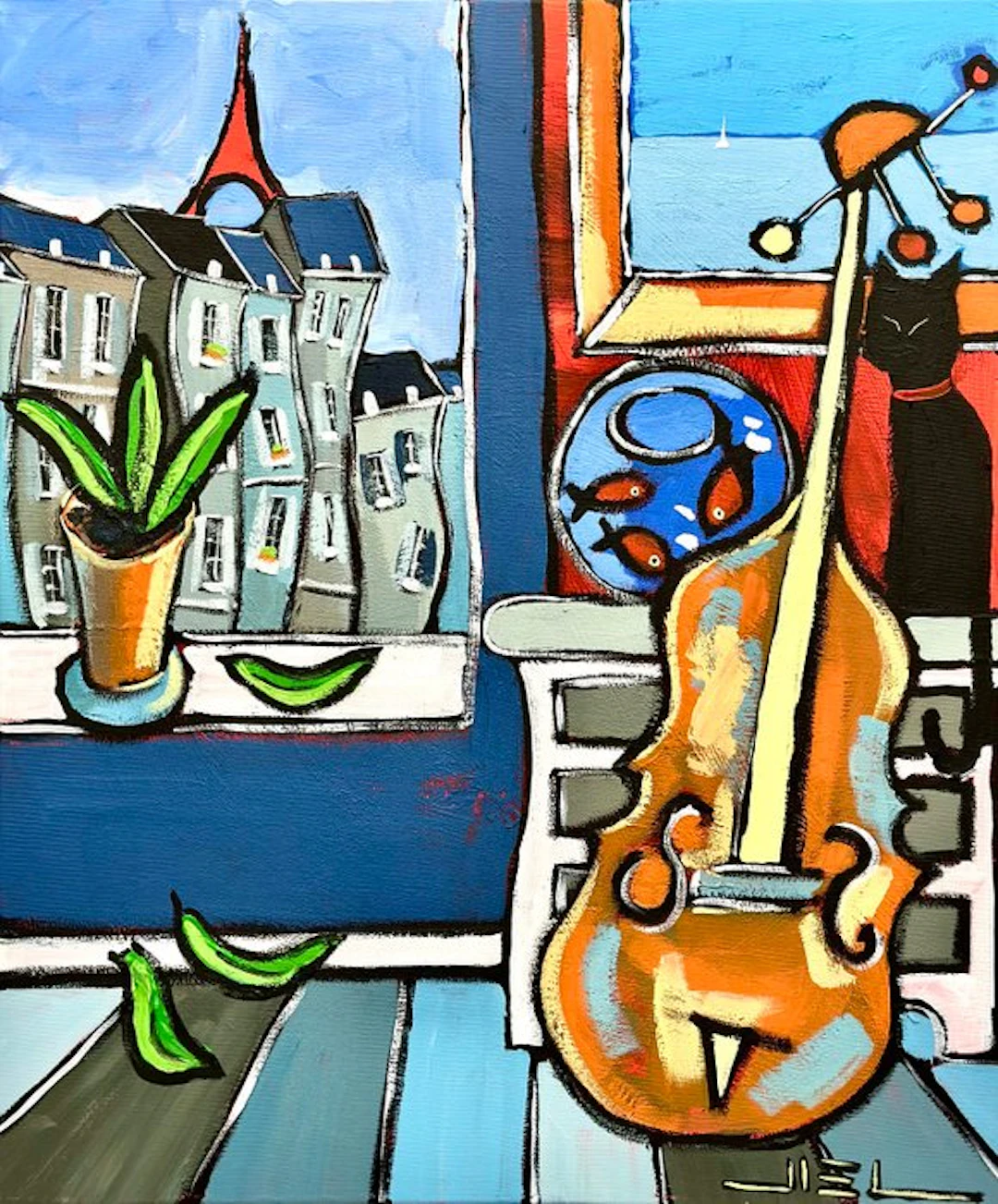 Jiel - Black Cat with a Cello and Matisse’s Goldfish in Paris.