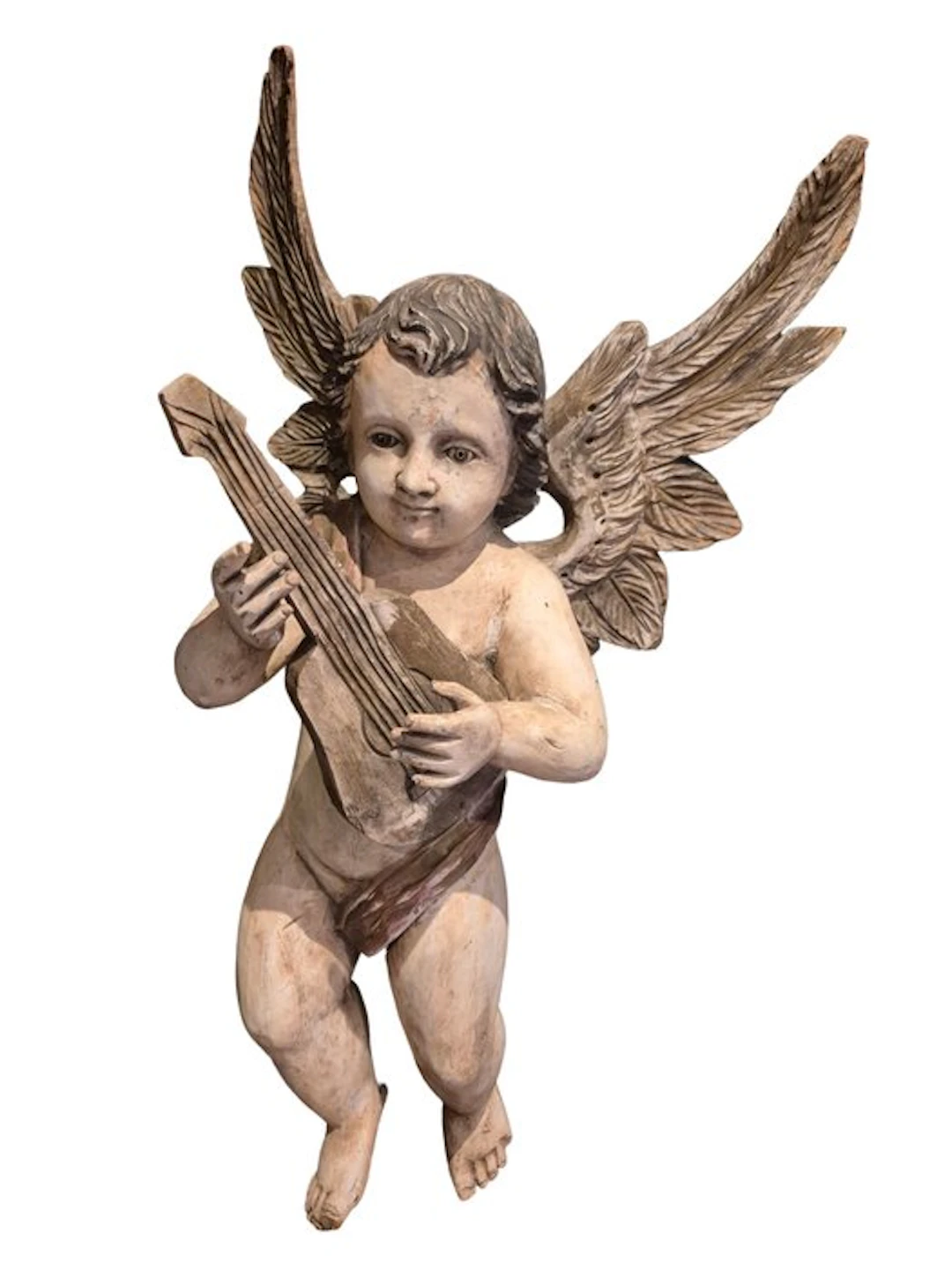 Sculpture, Massief Putto met Luit - XL - 80 cm - Oak