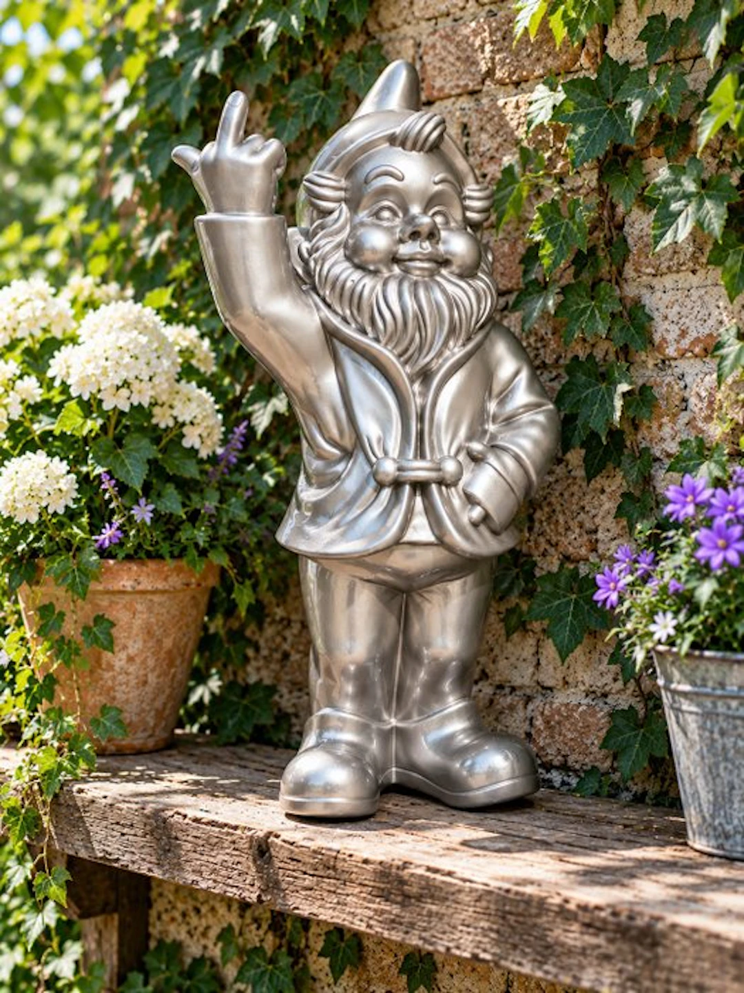 Statue, naughty gold gnome with middle finger - 30 m - polyresin