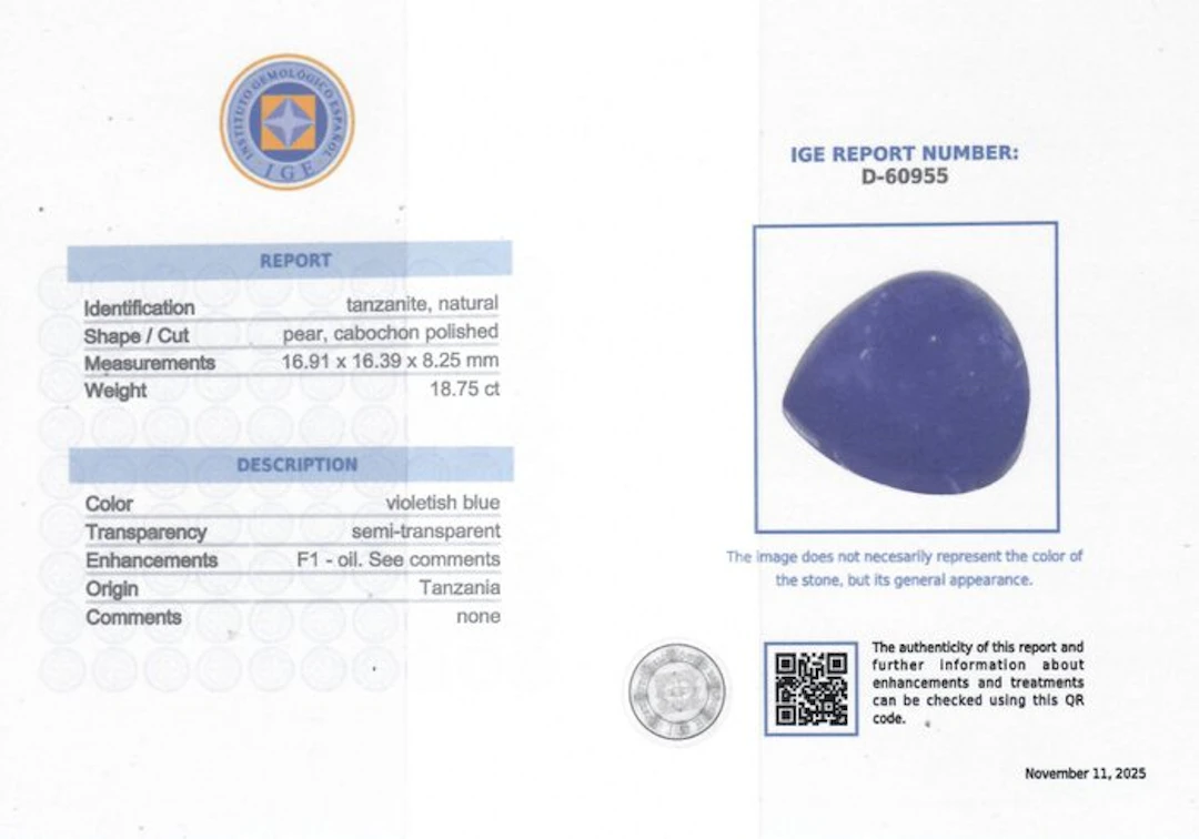 Blue Tanzanite - 18.75 ct - Instituto Gemólogico Español (IGE) - Oil Minor