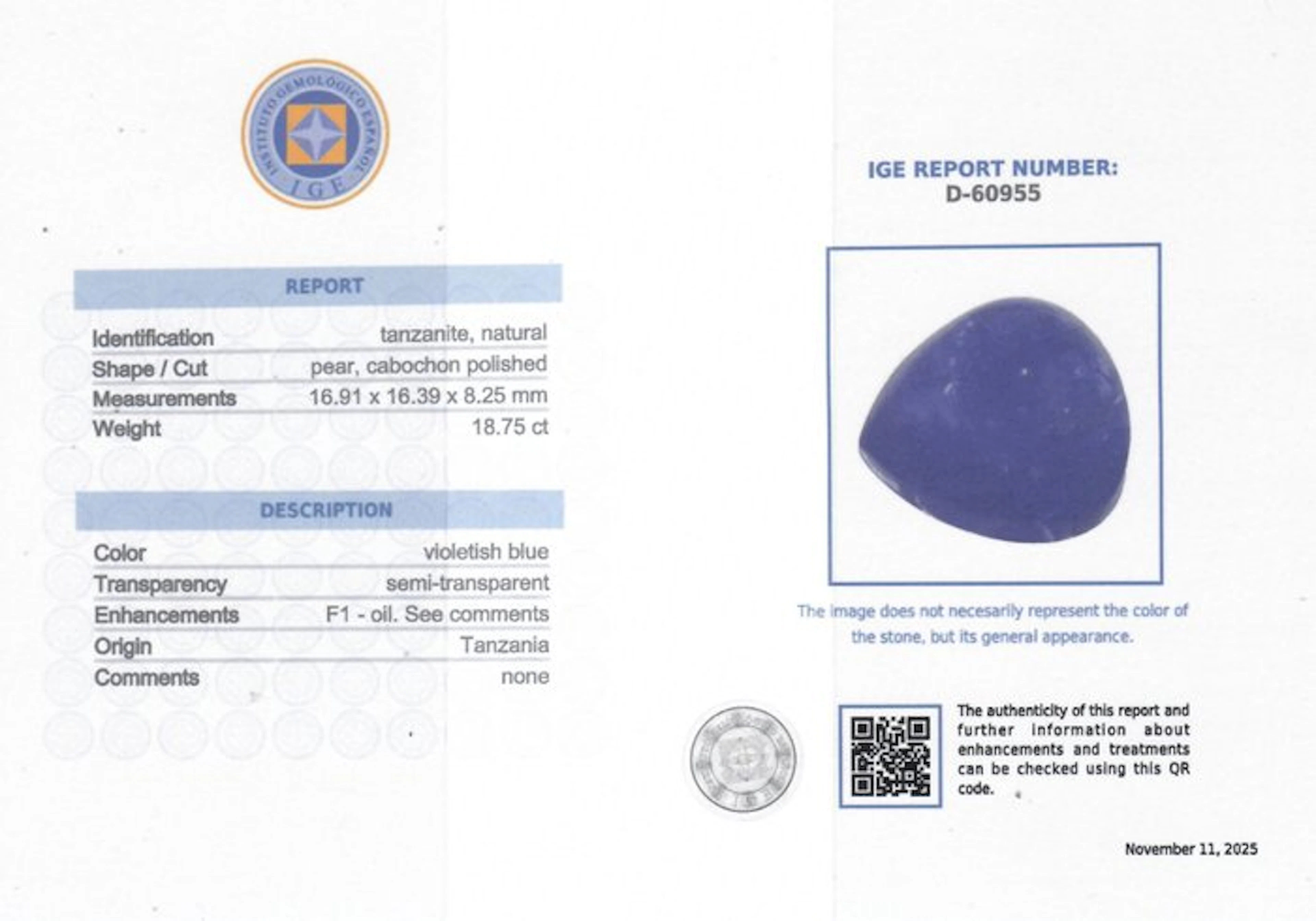 Blue Tanzanite - 18.75 ct - Instituto Gemólogico Español (IGE) - Oil Minor