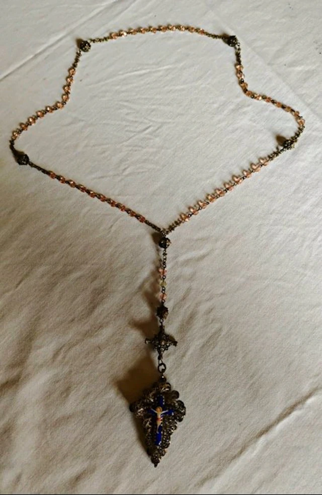 Antique Rosary - Silverplated, Enamel, Glass - 1850-1900