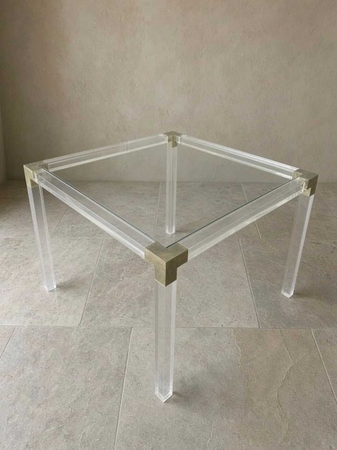 Table - A Square Lucite, Brass, and Glass Side Table - Acrylic, Bronze