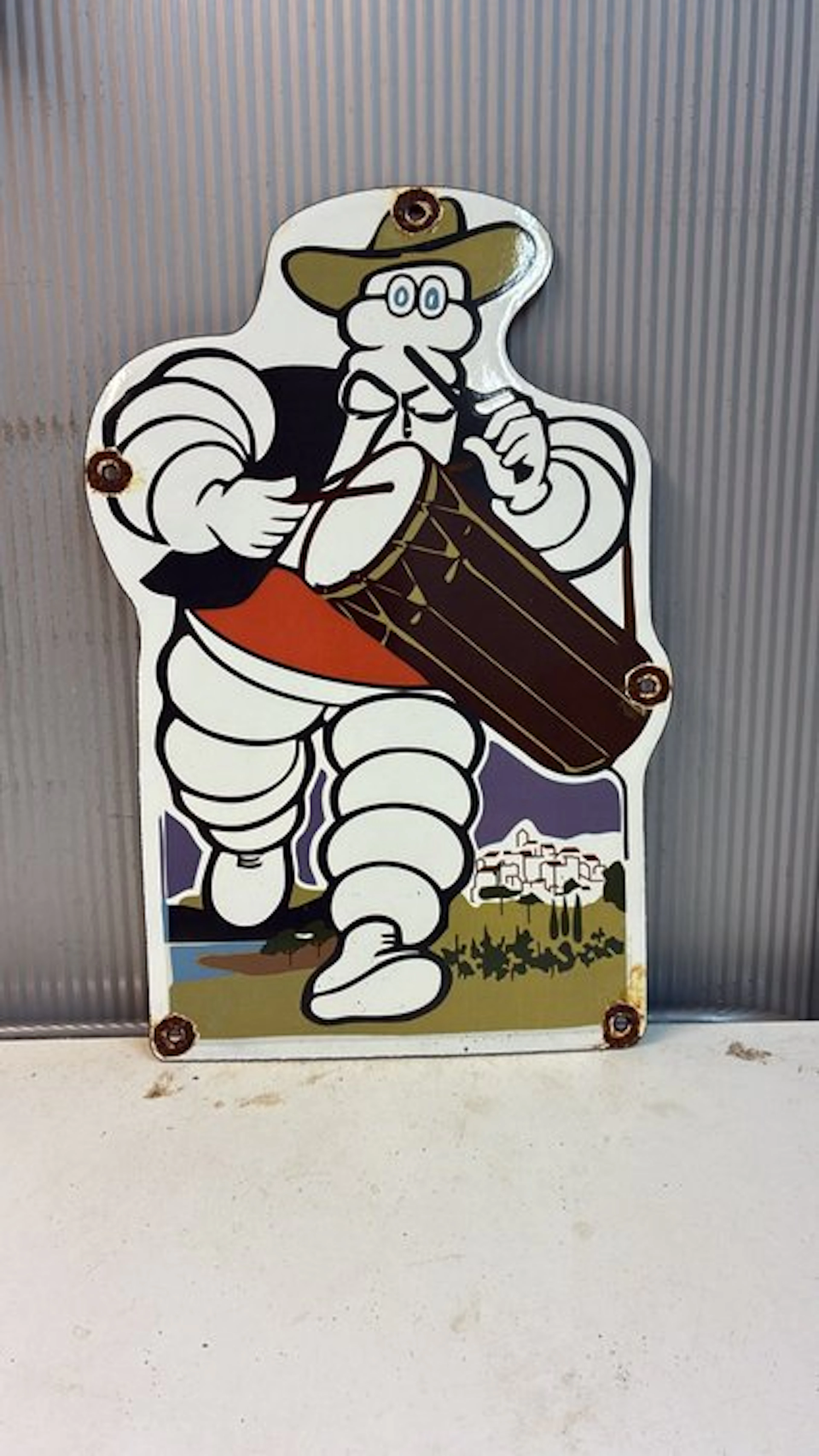 Michelin Bibendum met Trommel – Emaille Reclamebord - Enamel sign - Enamel