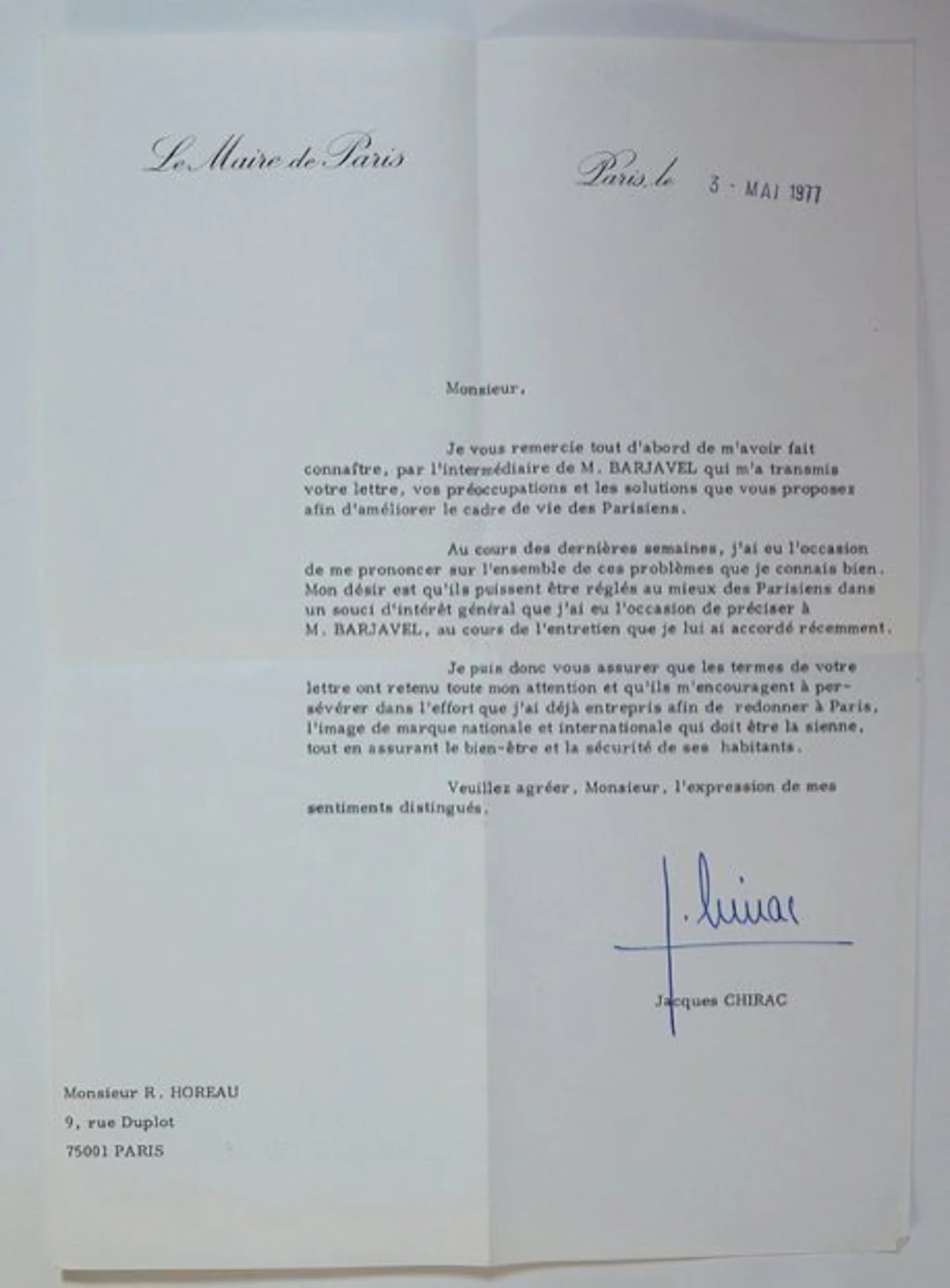 Jacques Chirac - Jacques Chirac - René Barjavel - Lettre...
