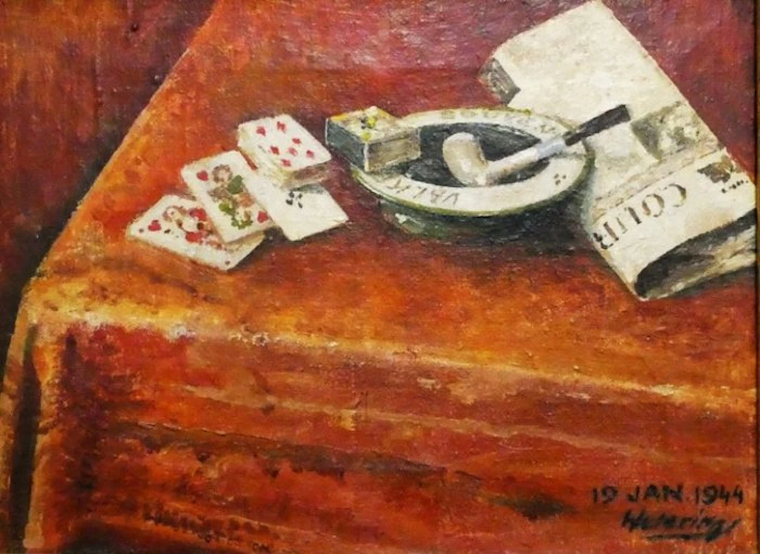Hollandse School (XX) - Stilleven met Speelkaarten Asbak Pijp en Krant (1944)