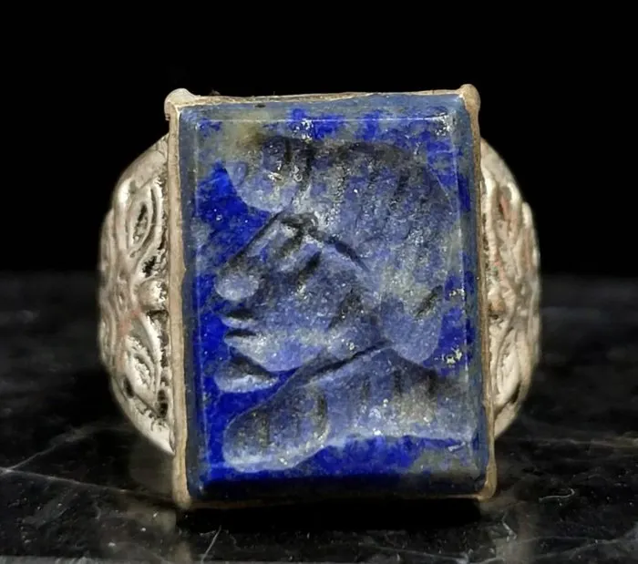 Islamic Silver Ring with Engraved Lapis Lazuli Intaglio...