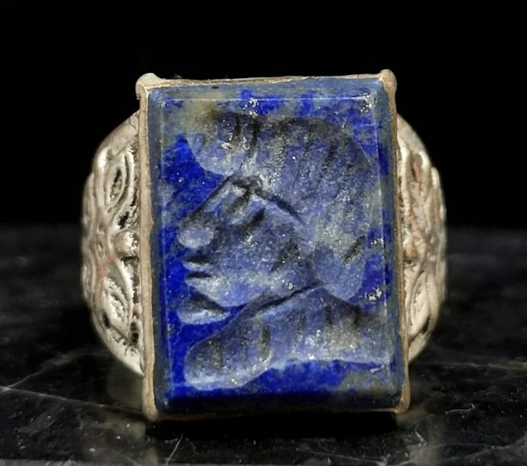 Islamic Silver Ring with Engraved Lapis Lazuli Intaglio...