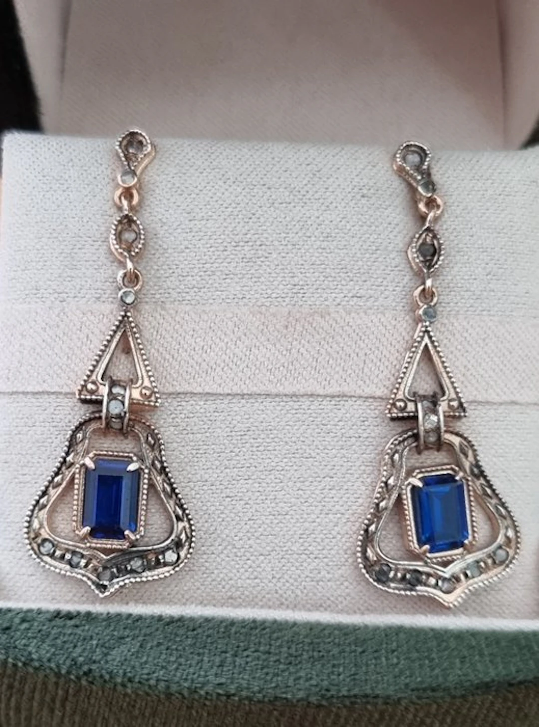 No reserve price - Earrings - 9 kt. Rose gold, Silver Sapphire - Diamond