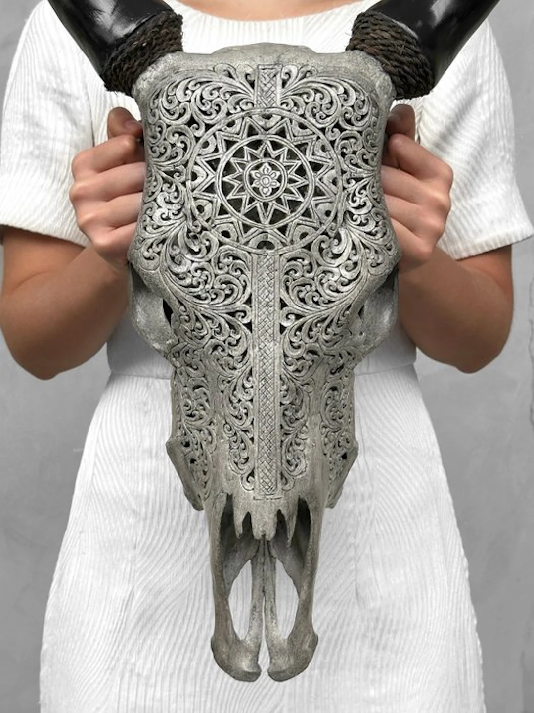 NO RESERVE PRICE - Stunning Grey Hand-Carved Cow Skull...