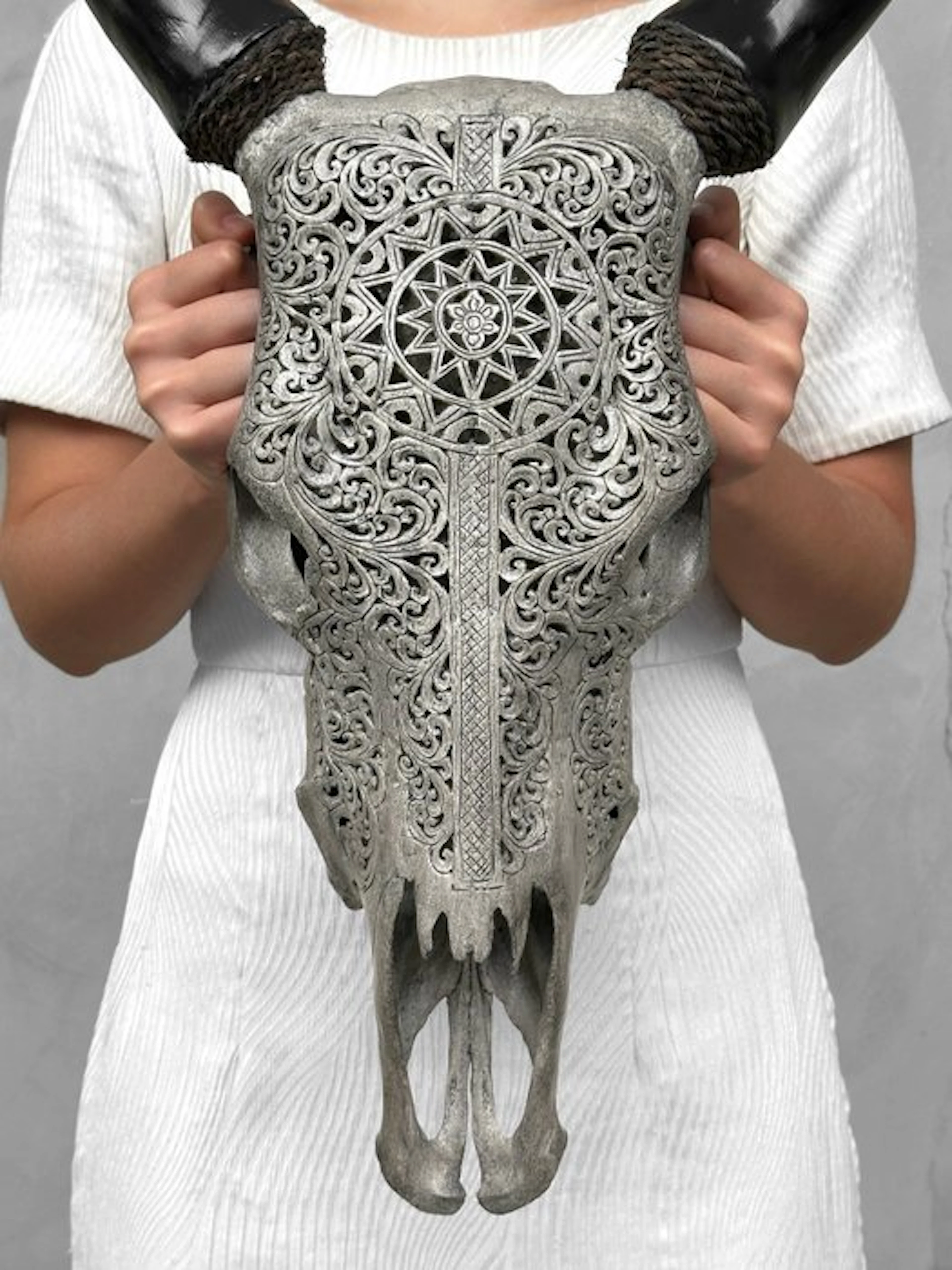 NO RESERVE PRICE - Stunning Grey Hand-Carved Cow Skull...
