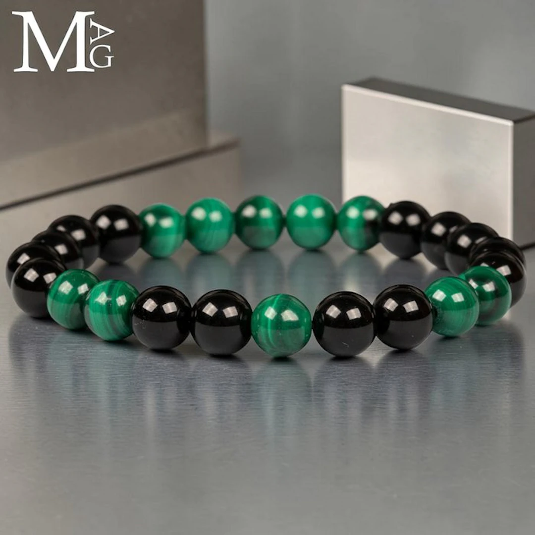 Elastic Bracelet with Natural Black Onyx and Malachite...