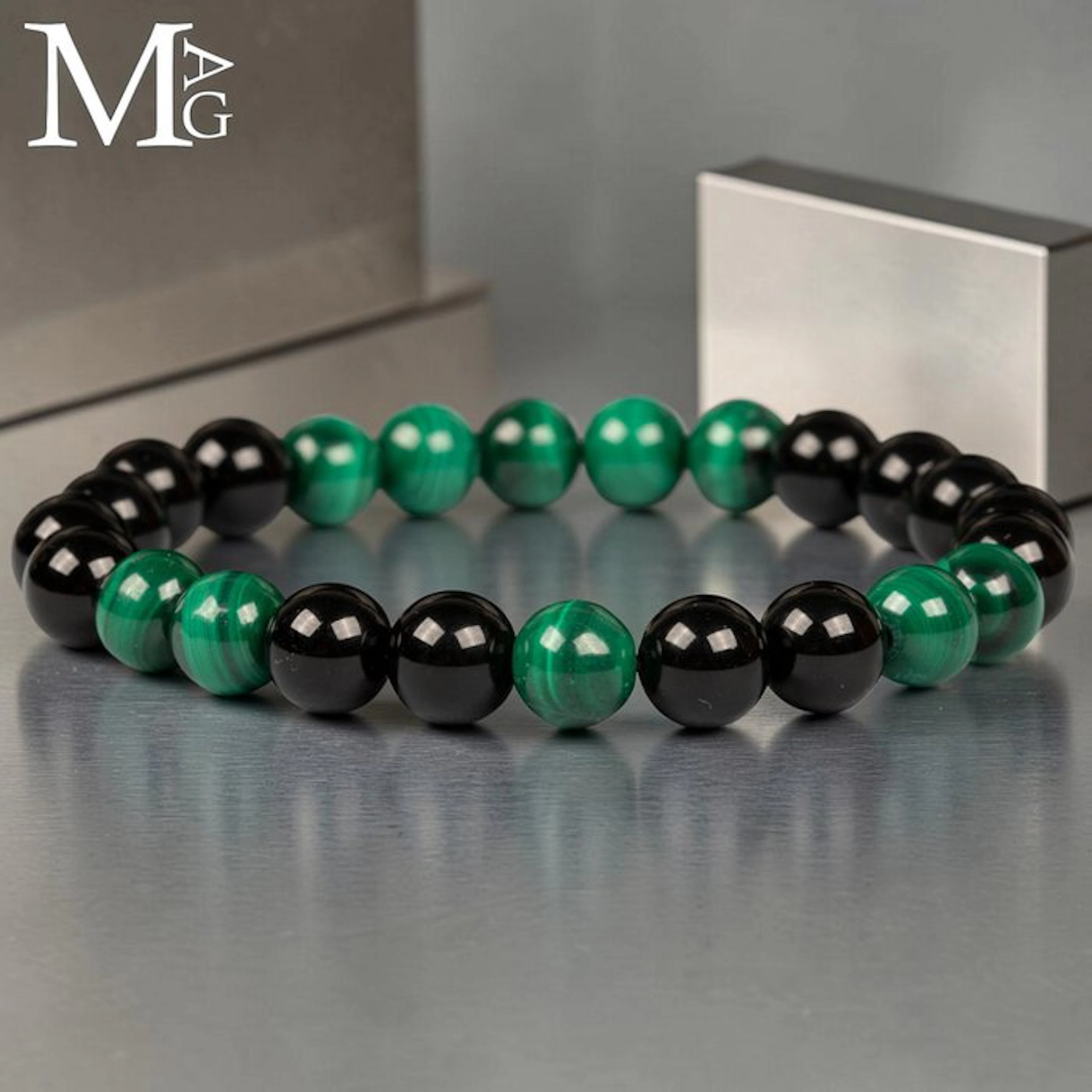 Elastic Bracelet with Natural Black Onyx and Malachite...