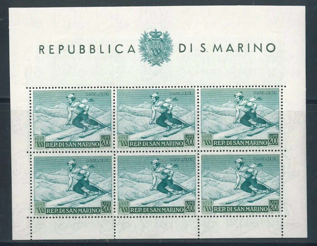 San Marino - Skier, miniature sheet No. 15. Excellent centering.