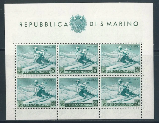 San Marino - Skier, miniature sheet No. 15. Excellent centering.