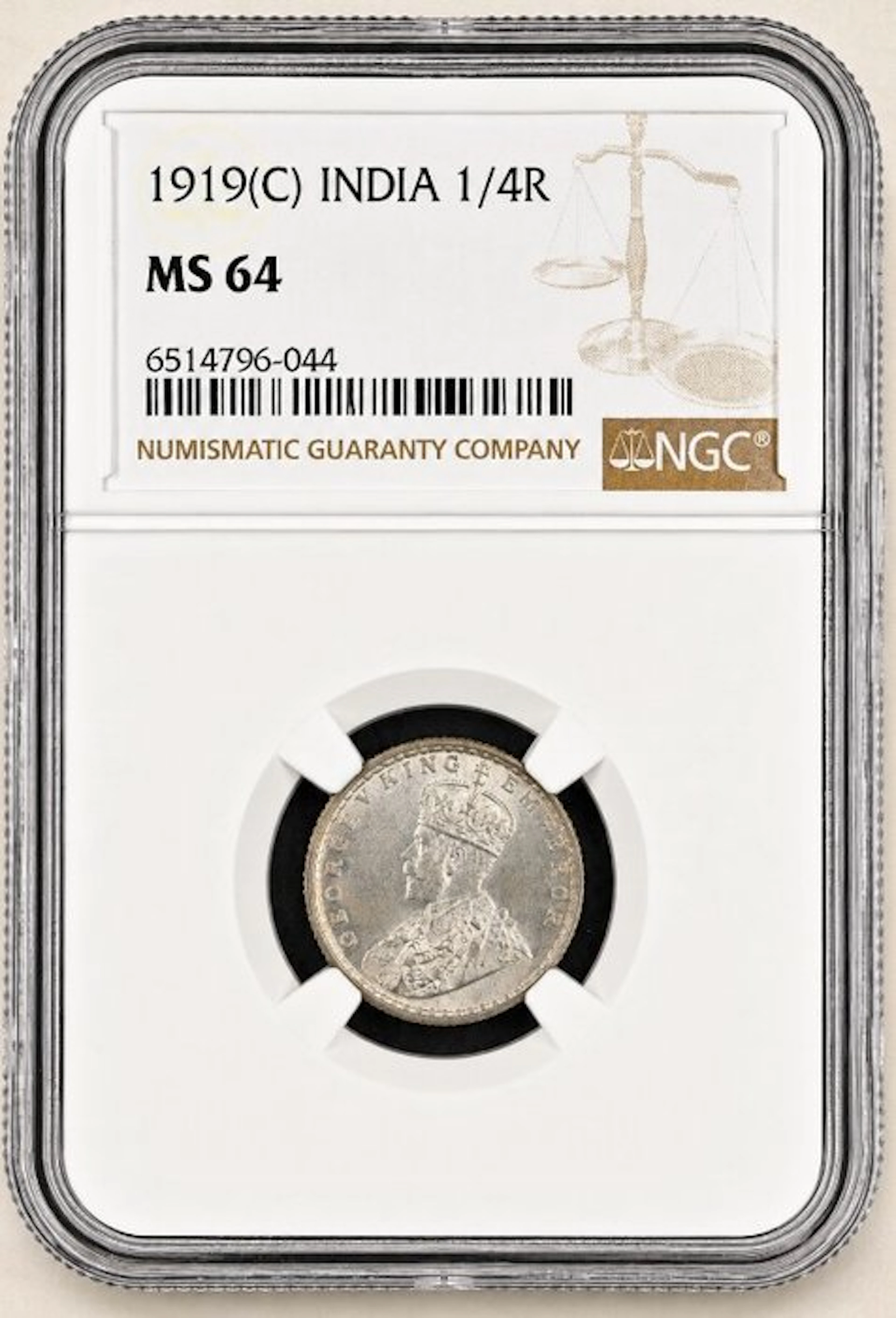 British India. George V. 1/4 Rupia 1919 - NGC MS64 (Calcuta)