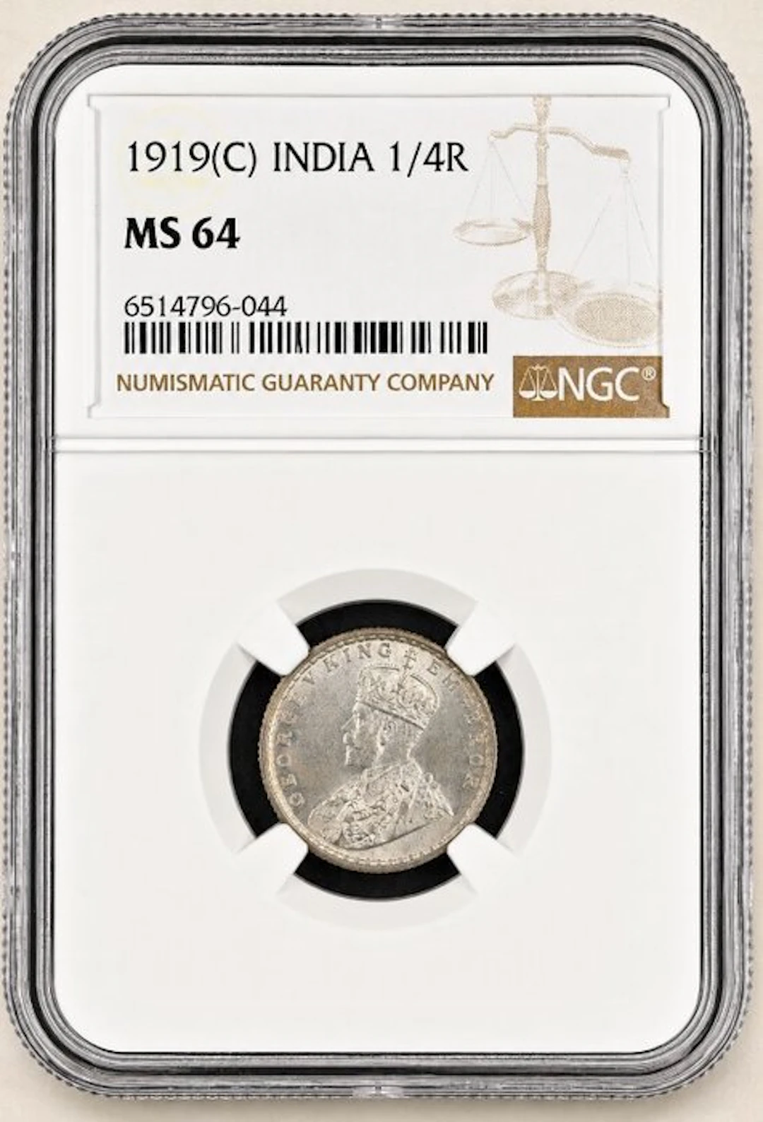 British India. George V. 1/4 Rupia 1919 - NGC MS64 (Calcuta)