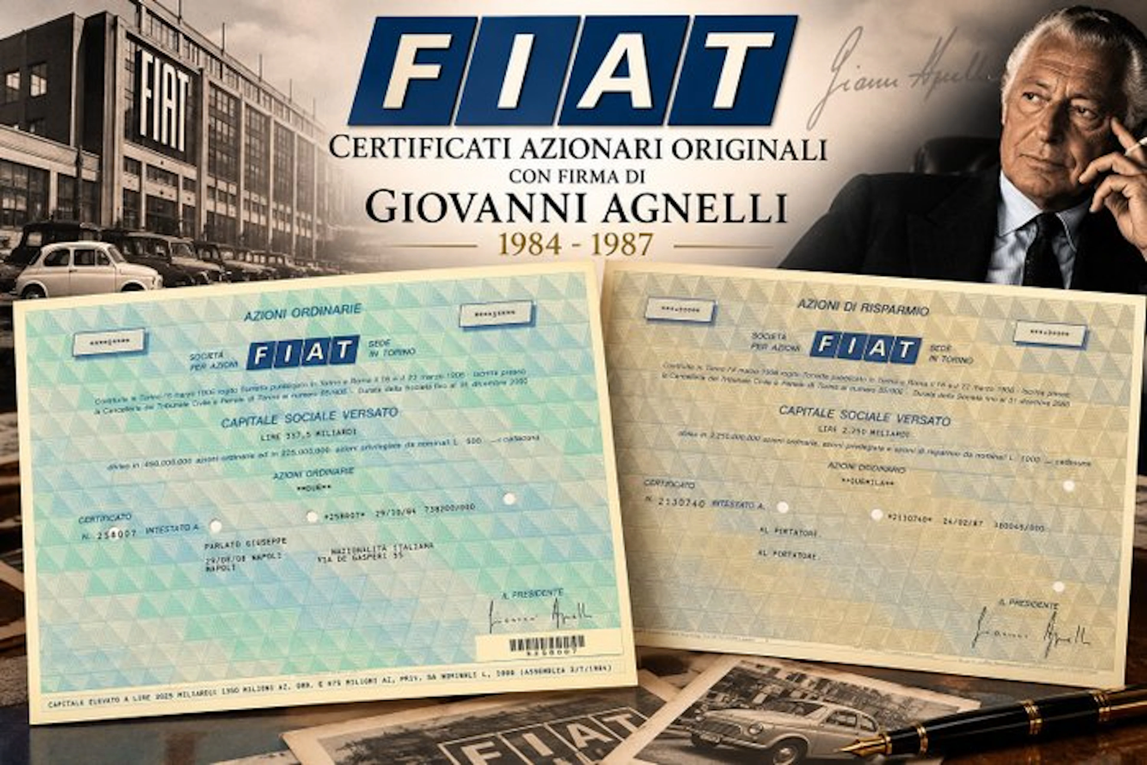 Fiat - Lot of 2 original stock certificates from the...