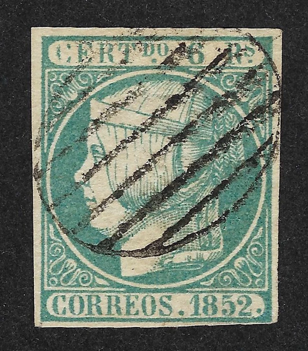 Spain 1852 - Isabel II 6r Azul verdoso - Certificado CEM - Edifil Nº 16