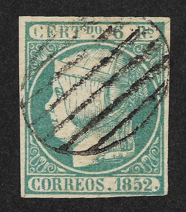 Spain 1852 - Isabel II 6r Azul verdoso - Certificado CEM - Edifil Nº 16